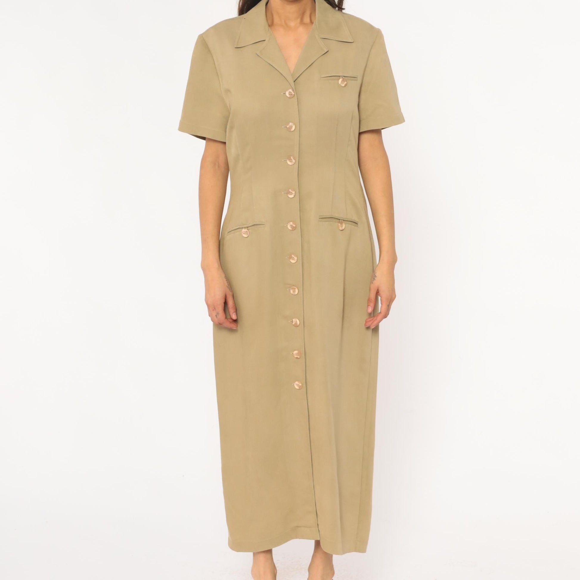 90s Jessica Howard Tan Maxi Shirt Dress Collared Button Front Medium
