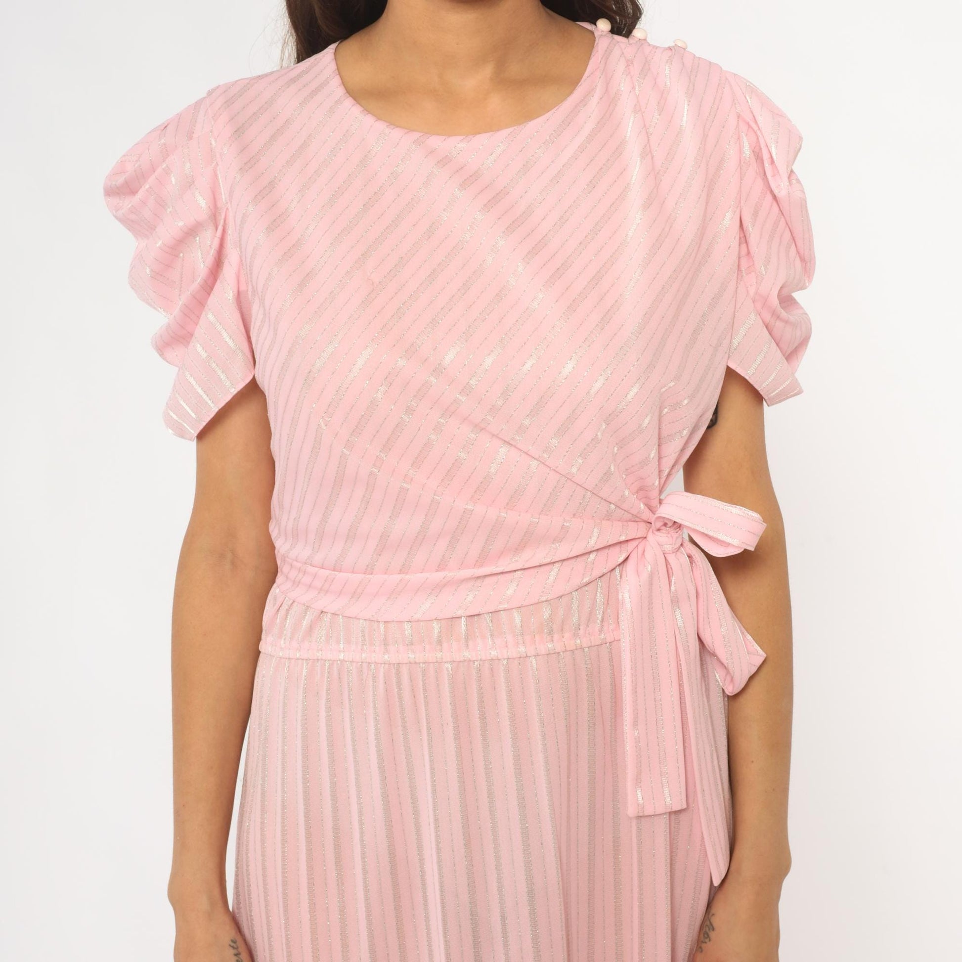 80s Pink Diagonal Stripe Midi Dress Puff Sleeve Tie Waist Small
