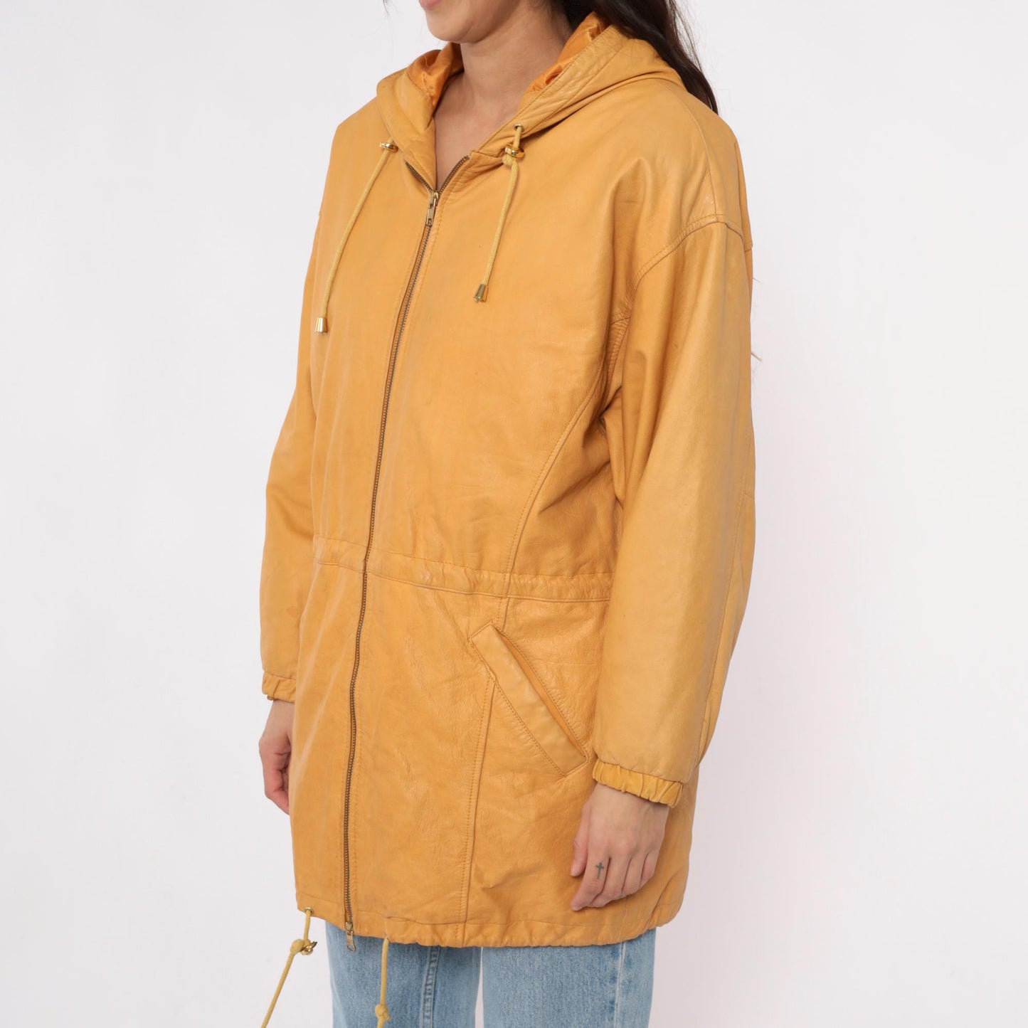 90s Wilsons Leather Hooded Jacket Mustard Yellow Zip Parka Medium M