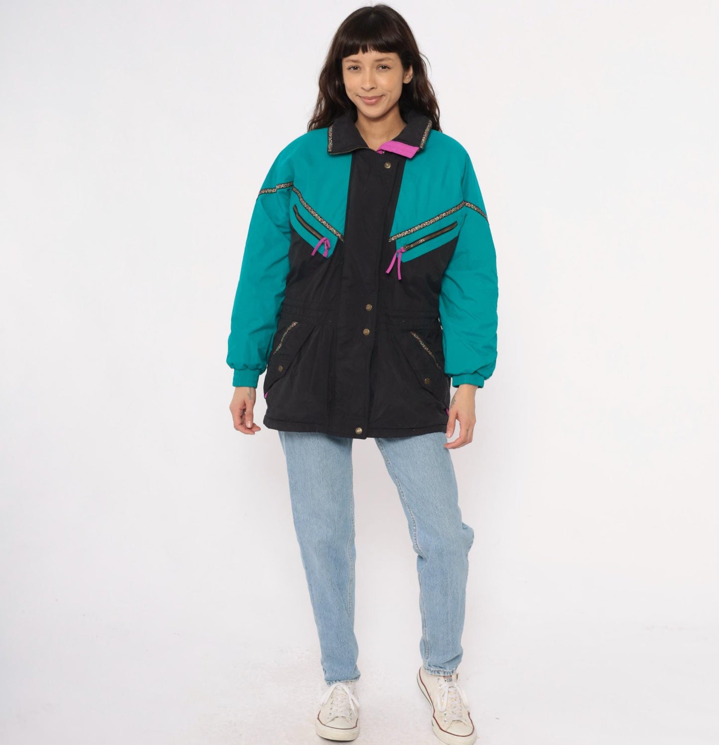 90s Colorblock Ski Jacket Teal Black Puffer Pink Zippers Small S
