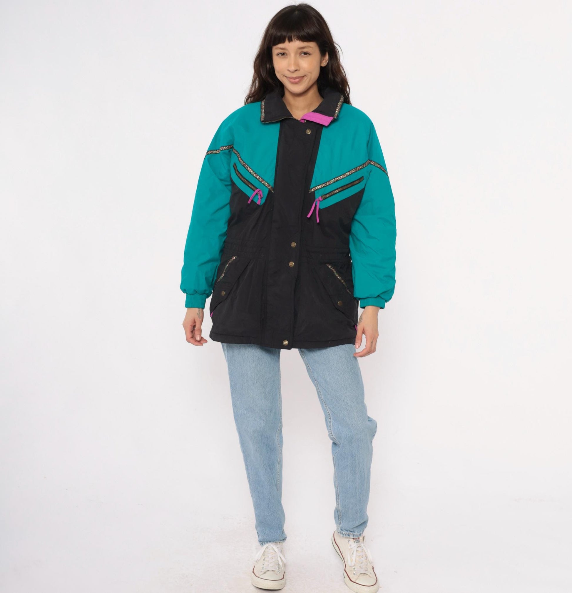 90s Colorblock Ski Jacket Teal Black Puffer Pink Zippers Small S