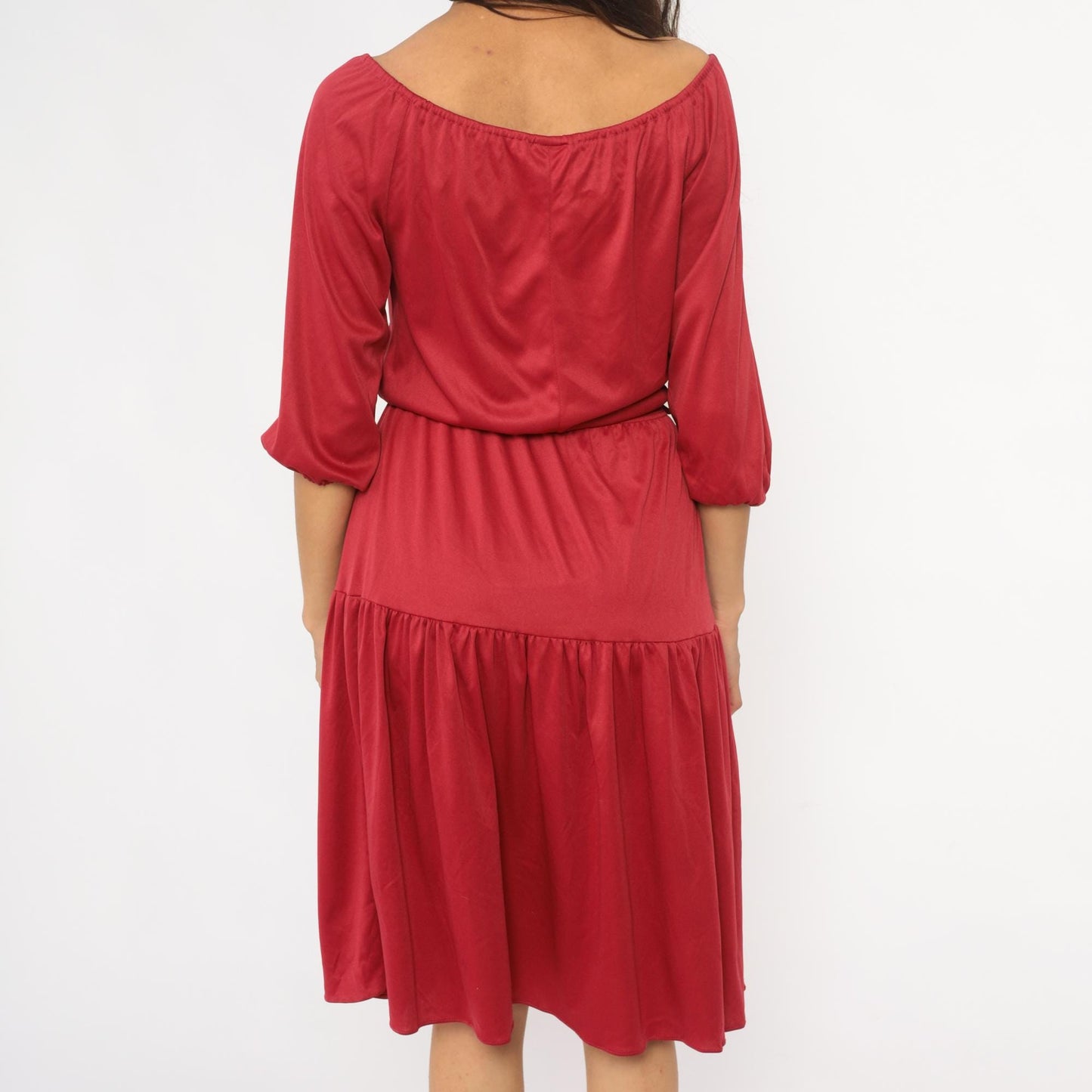 70s Cranberry Red Midi Dress Prairie Peasant Tiered Ruffle Drawstring Small Medium