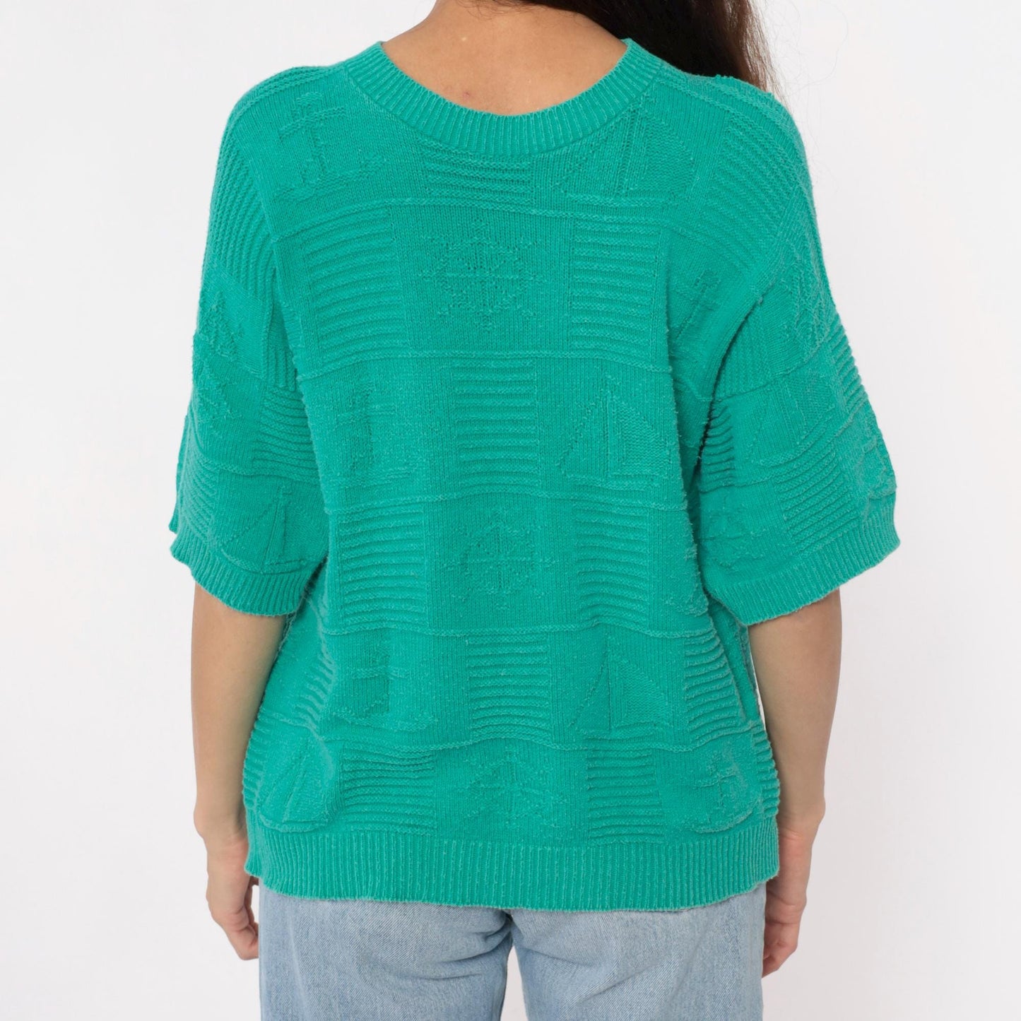 80s Turquoise Knit Sweater Short Sleeve Crew Neck Geometric Pattern Large L