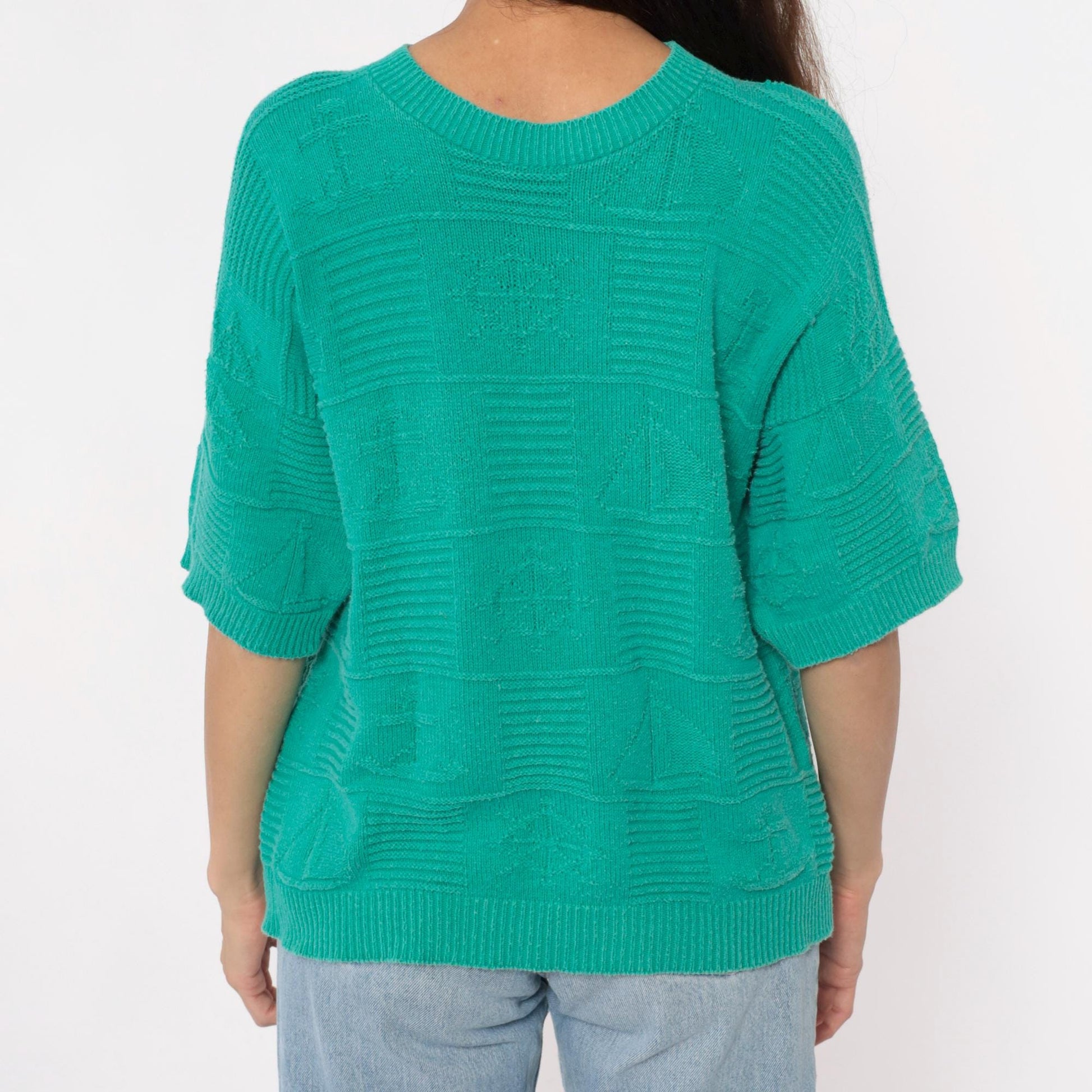 80s Turquoise Knit Sweater Short Sleeve Crew Neck Geometric Pattern Large L