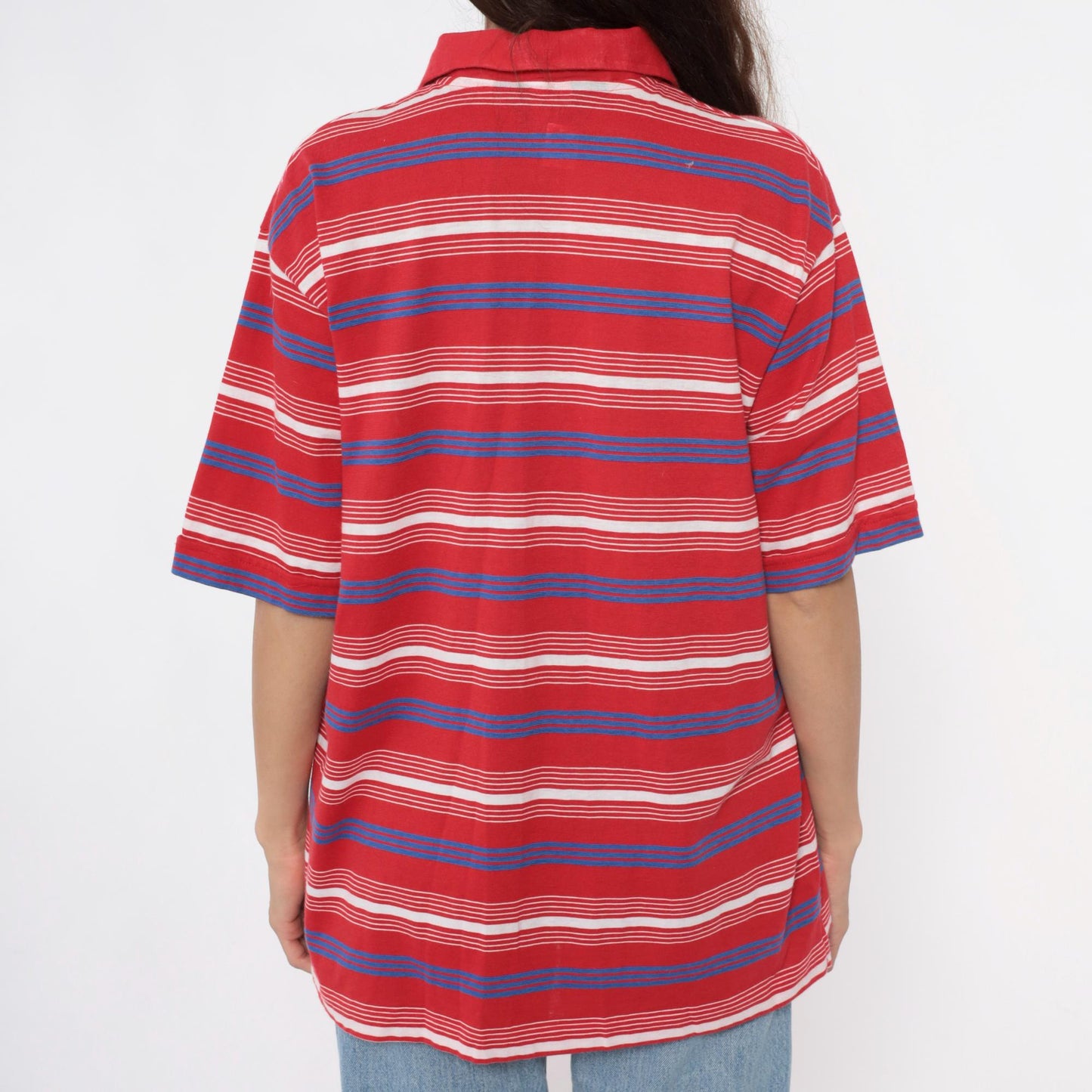 80s Red Striped Polo Shirt White Blue Horizontal Stripes Collared Extra Large XL