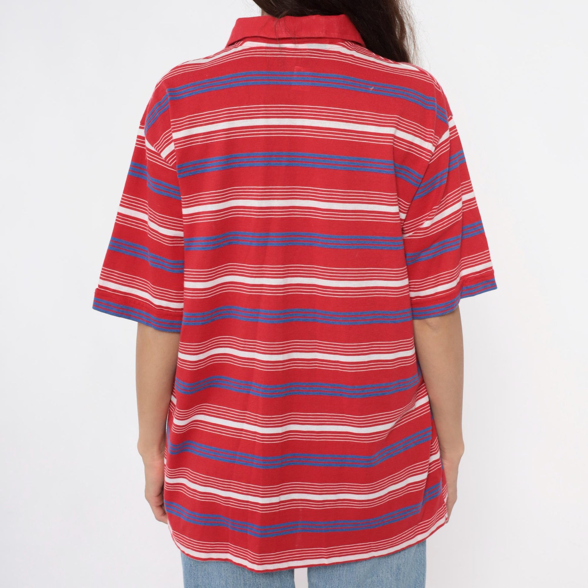 80s Red Striped Polo Shirt White Blue Horizontal Stripes Collared Extra Large XL