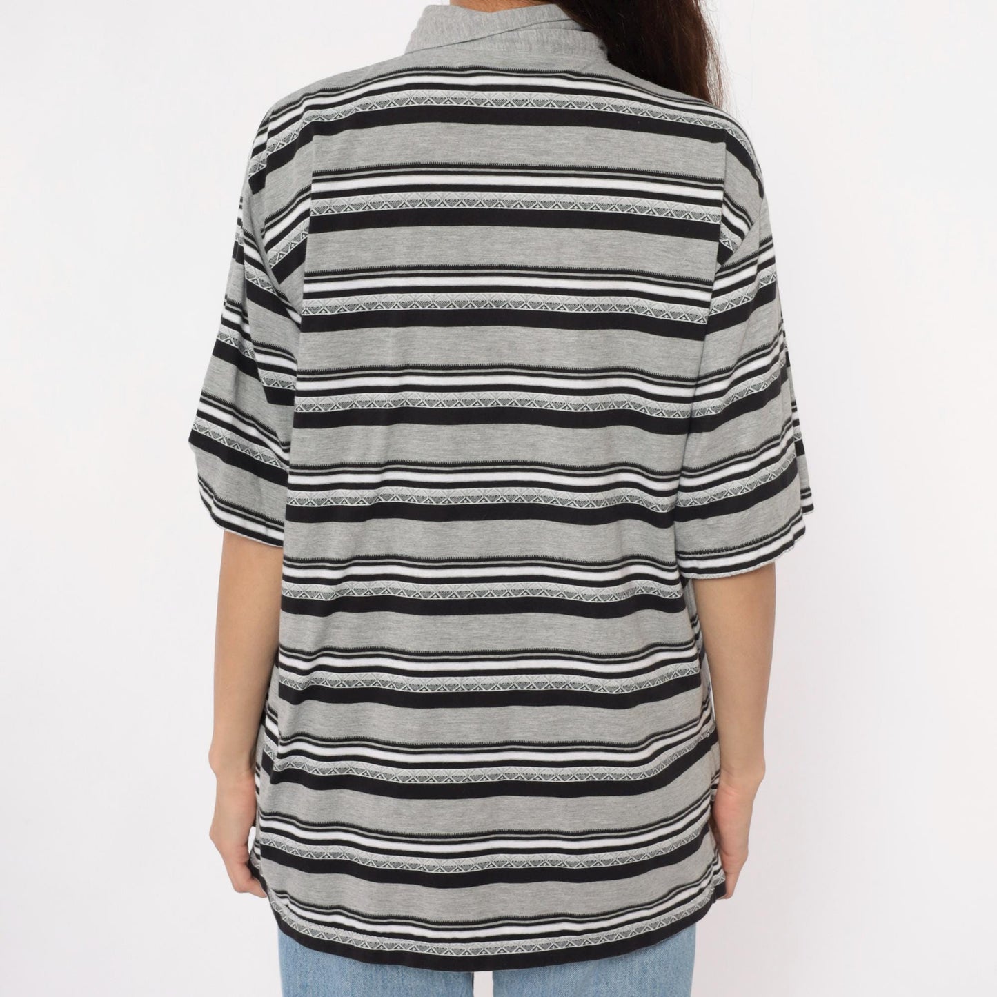 90s Classic by Palmland Striped Polo Shirt Grey Black White Extra Large XL