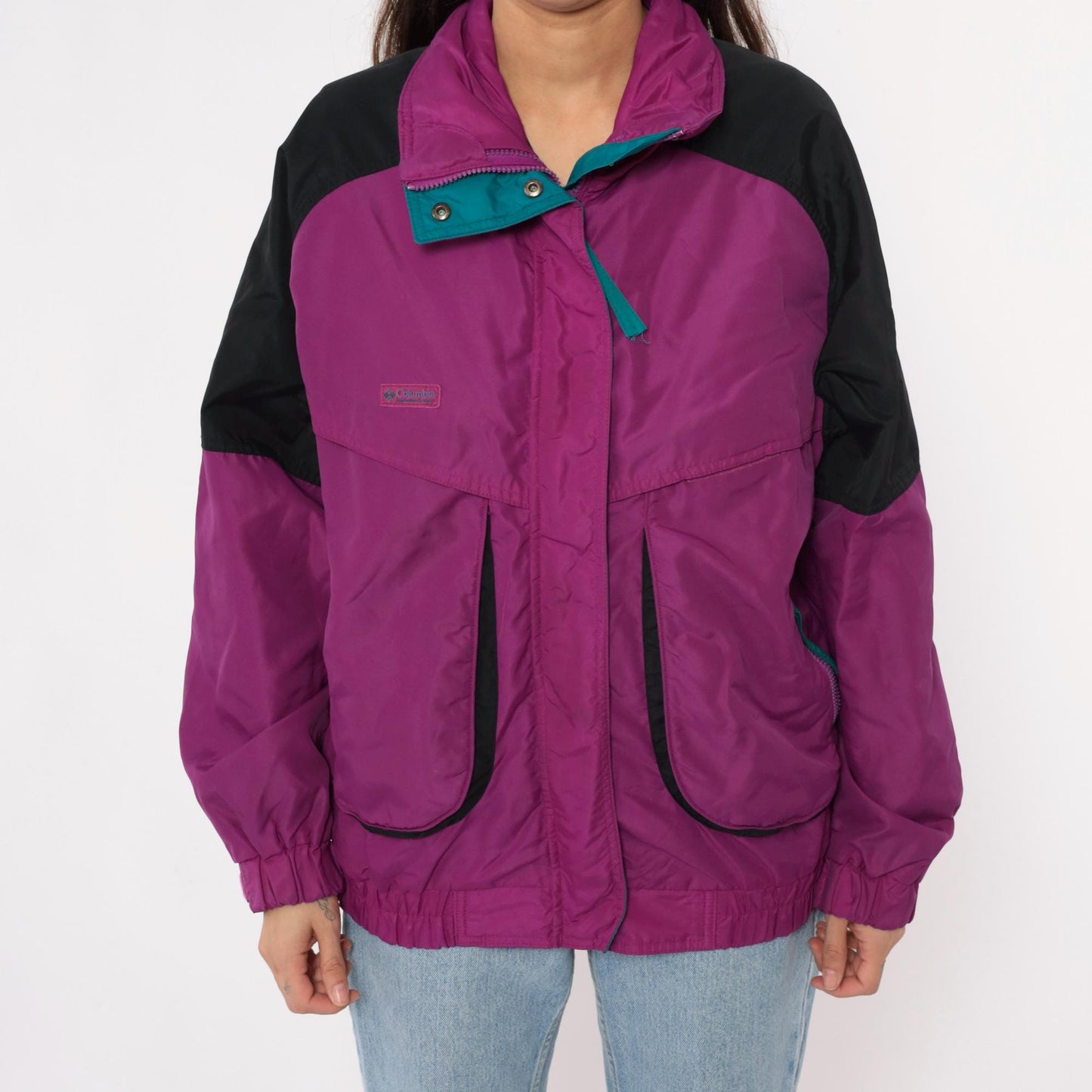 90s Columbia Magenta Windbreaker Colorblock Jacket Teal Trim Large L