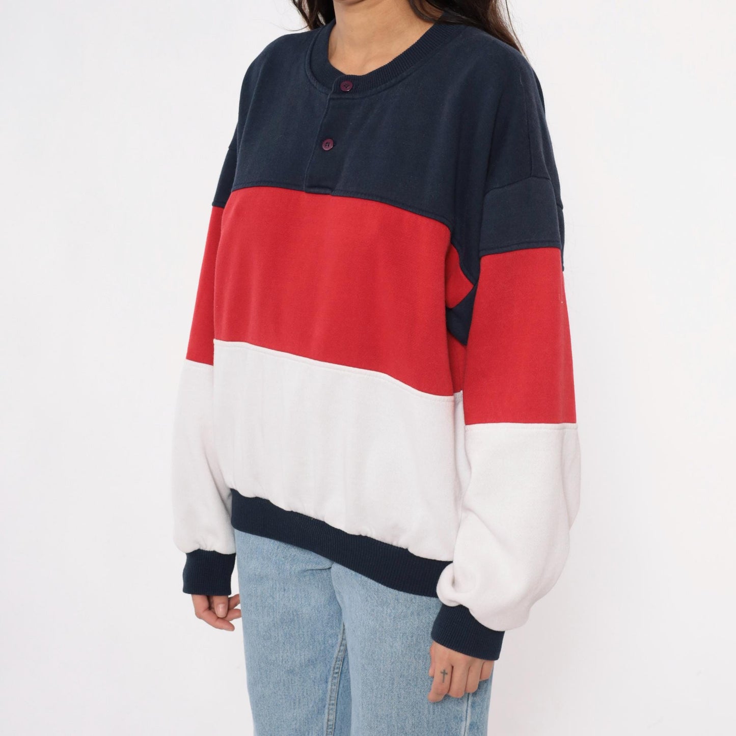 80s Color Block Sweatshirt Navy Red White Striped Henley Button Neck Medium