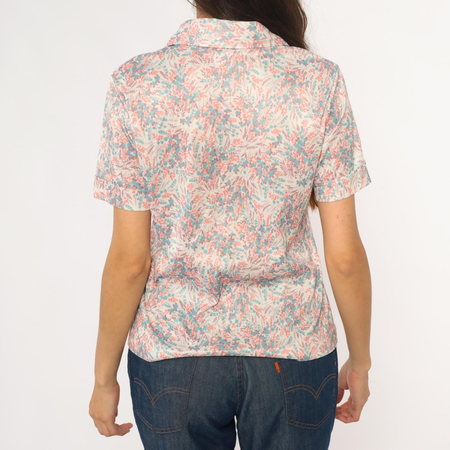 70s Floral Collared Blouse Cream Pink Turquoise Burgundy Short Sleeve Medium M