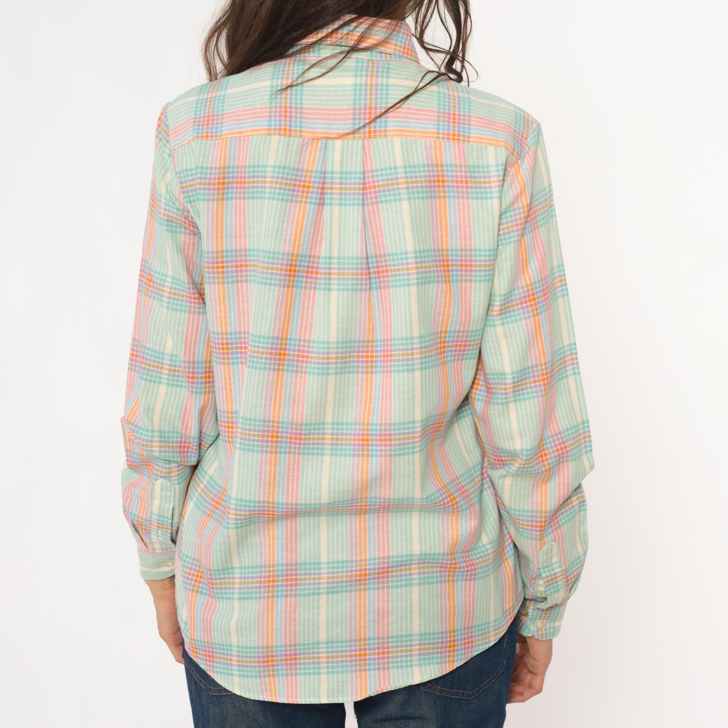 90s Pastel Plaid Button-Down Shirt Long Sleeve Collared Medium M