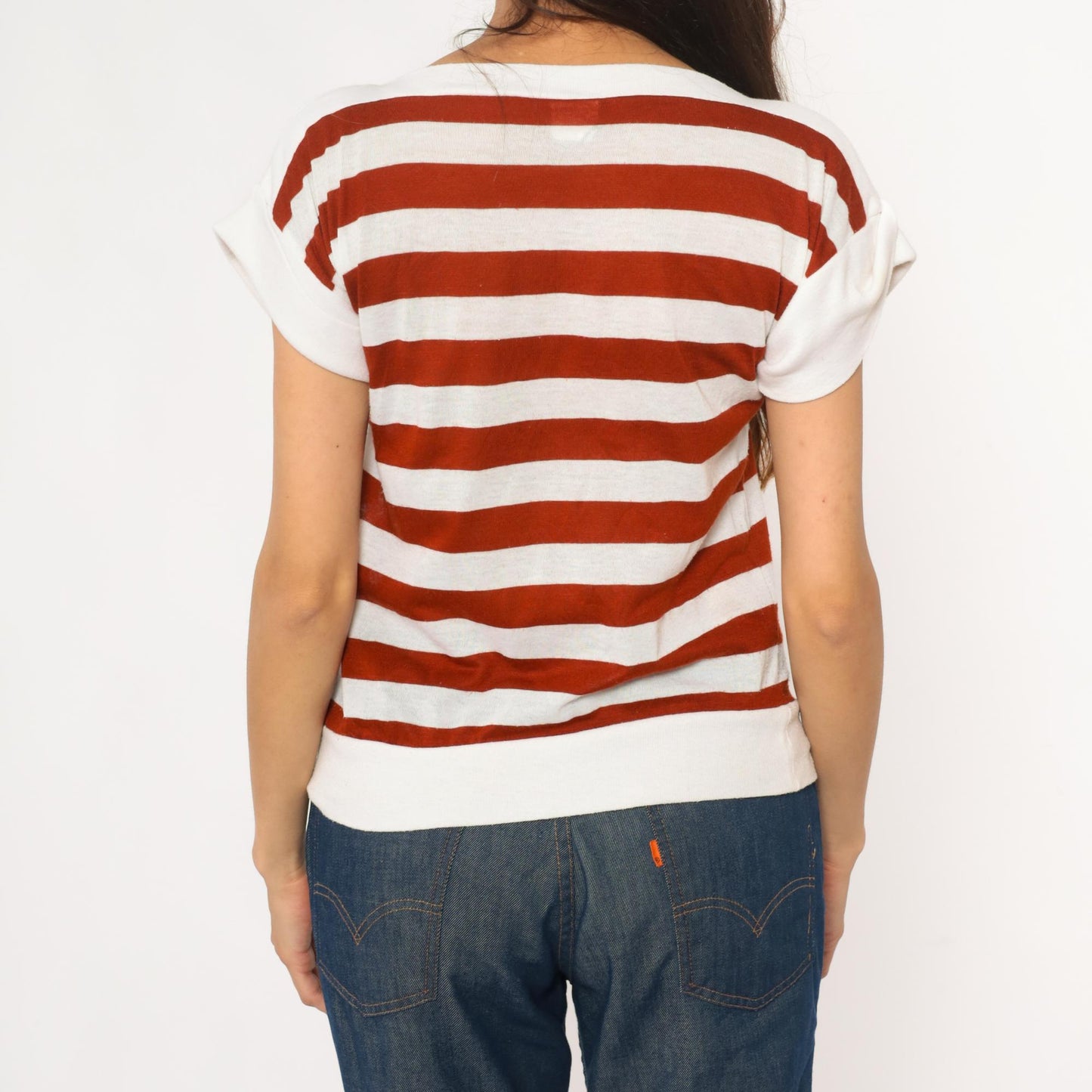 80s Rust & White Striped Boat Neck Tee Cotton Short Sleeve Small
