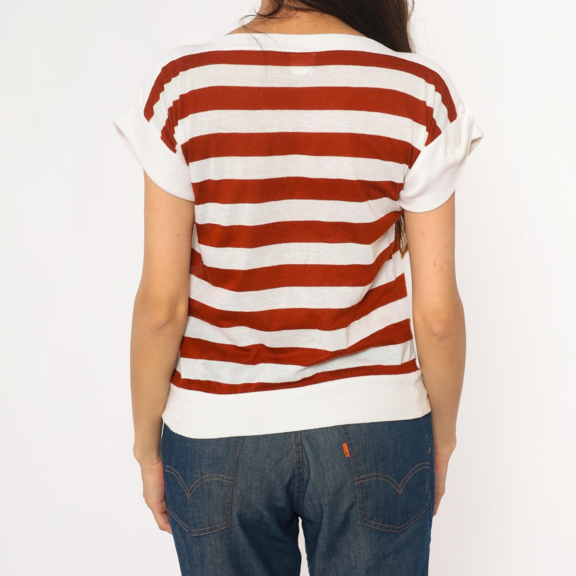 80s Rust & White Striped Boat Neck Tee Cotton Short Sleeve Small
