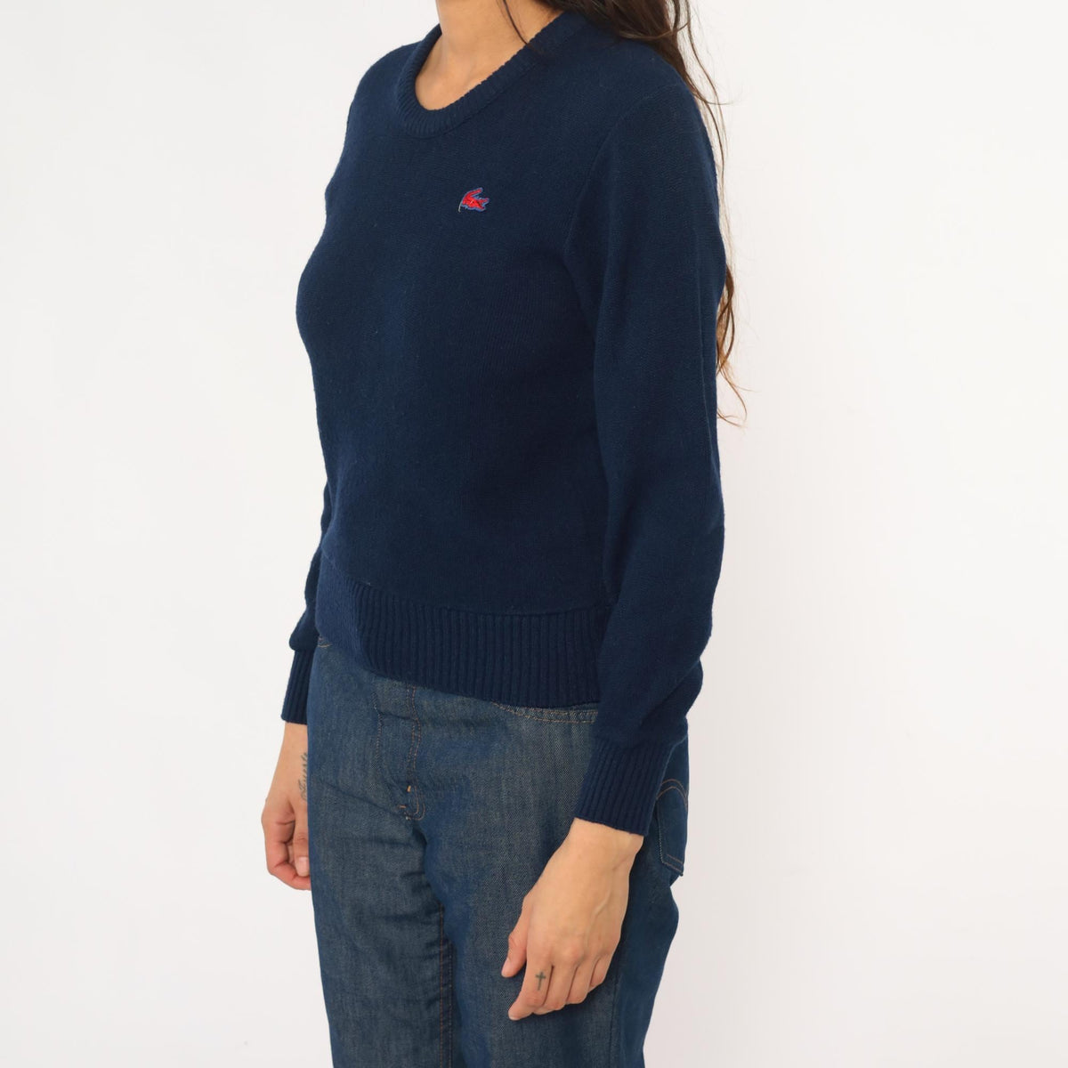 Izod Lacoste Navy Crew Neck Sweater 80s Crocodile Logo Pullover Small