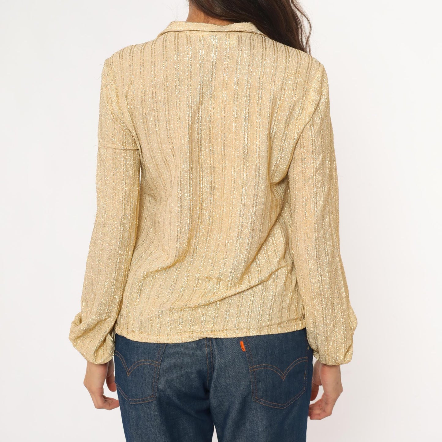 70s Judy Bond Gold Metallic Blouse Champagne Disco Collar Small
