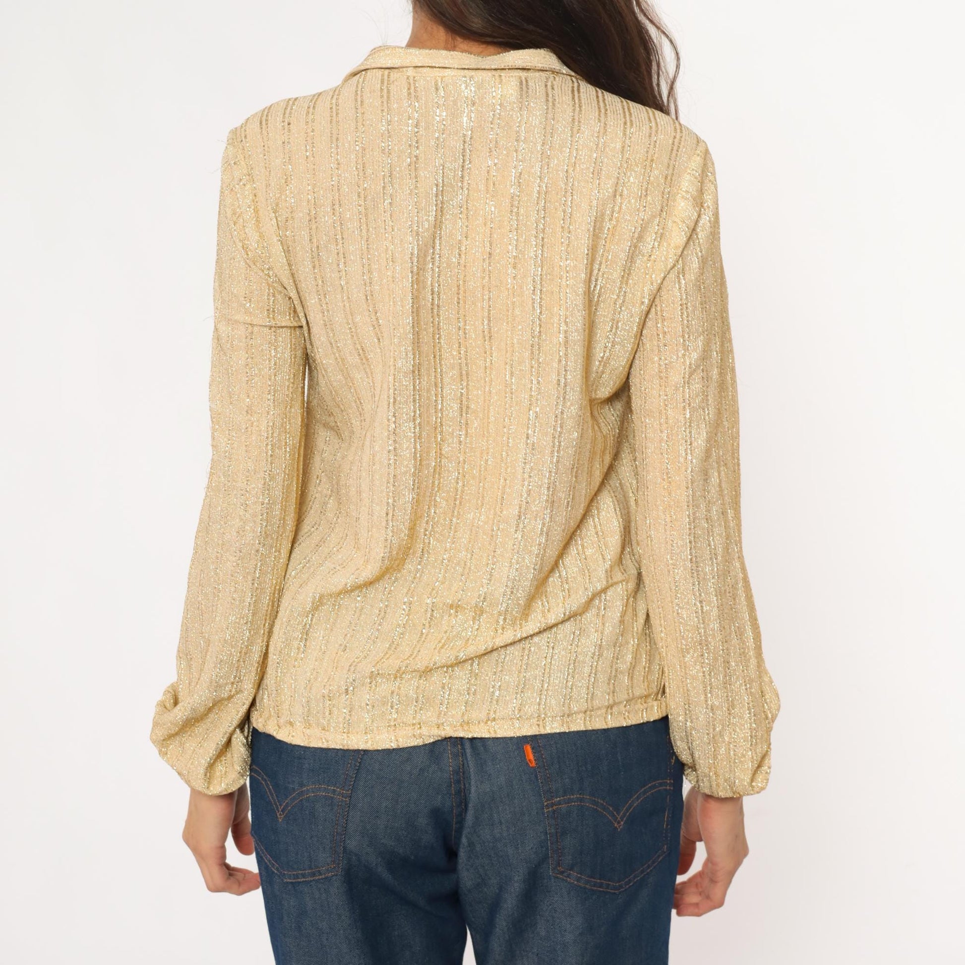 70s Judy Bond Gold Metallic Blouse Champagne Disco Collar Small