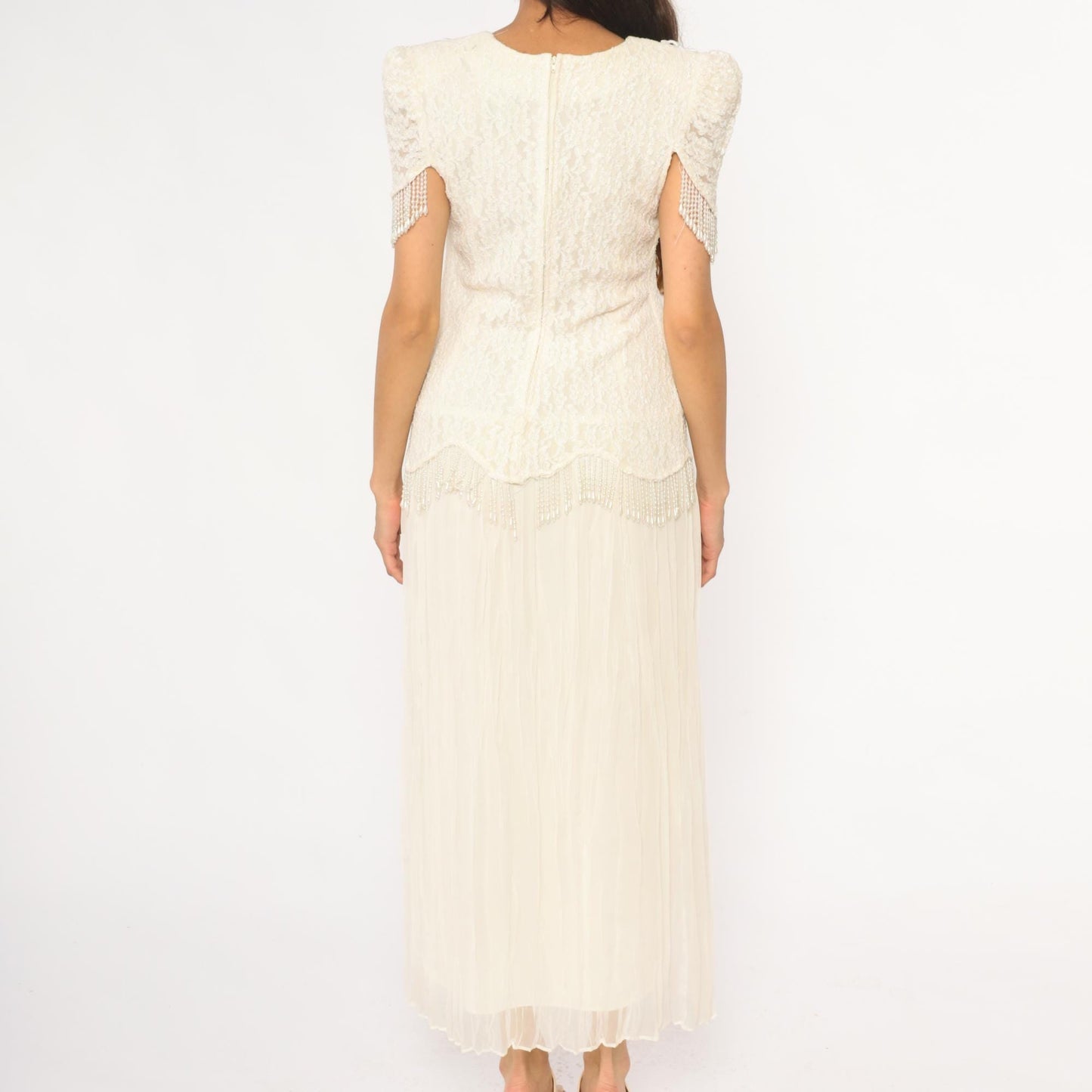 80s Cream Lace Puff Sleeve Dress Beaded Grape Detail Maxi Large L