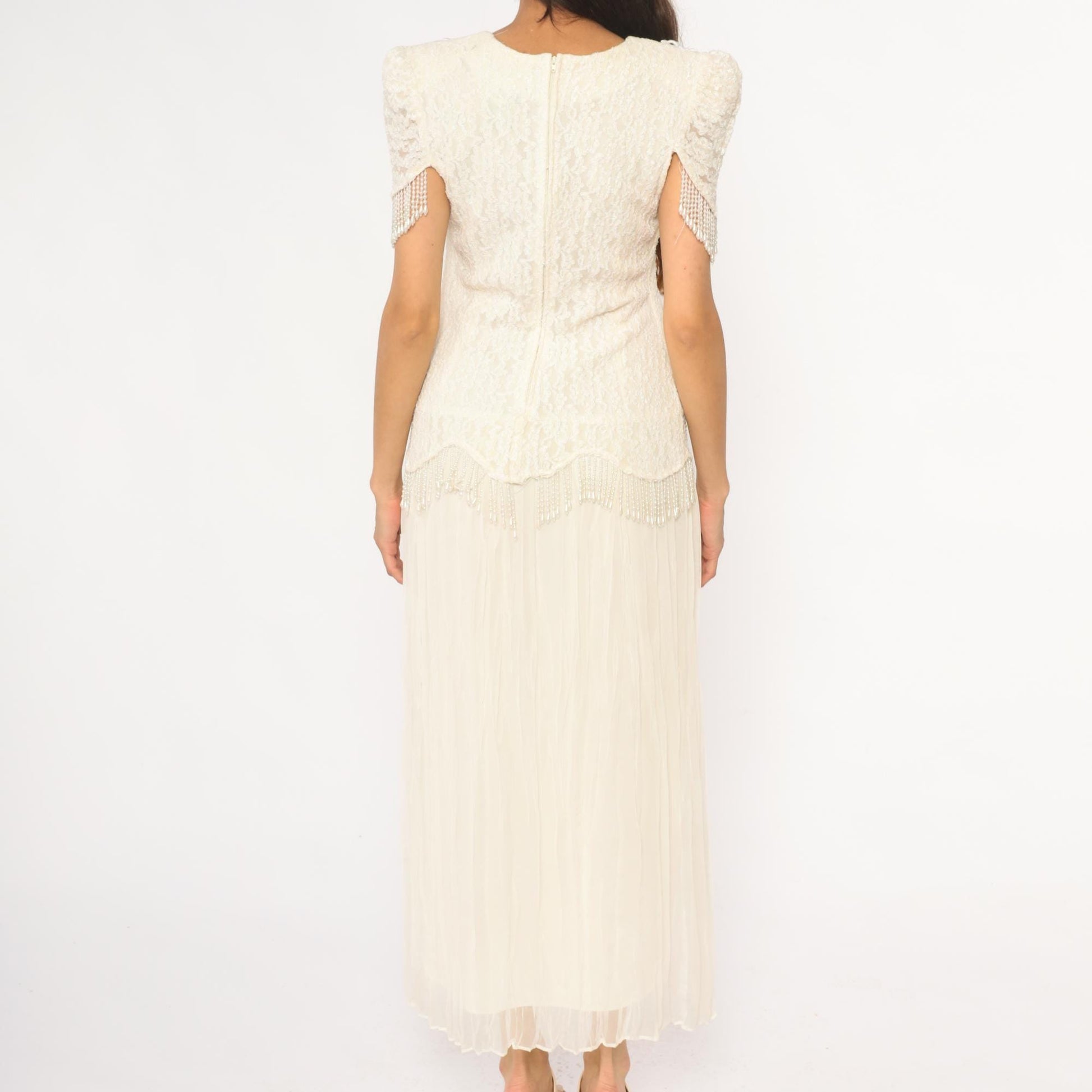 80s Cream Lace Puff Sleeve Dress Beaded Grape Detail Maxi Large L