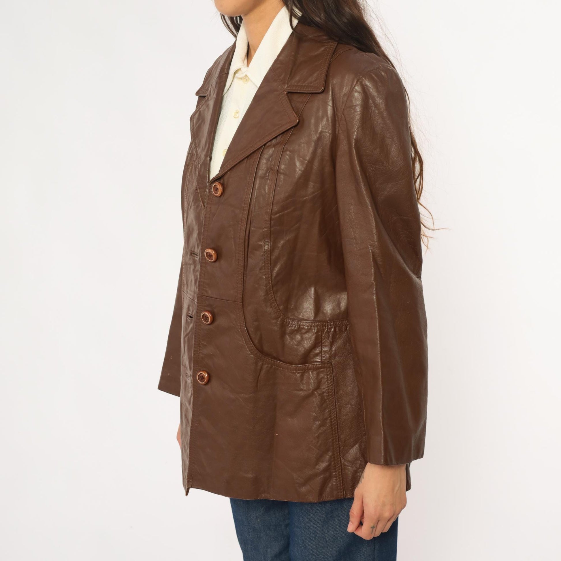 70s Brown Leather Jacket Notched Collar Braided Belt Detail Medium