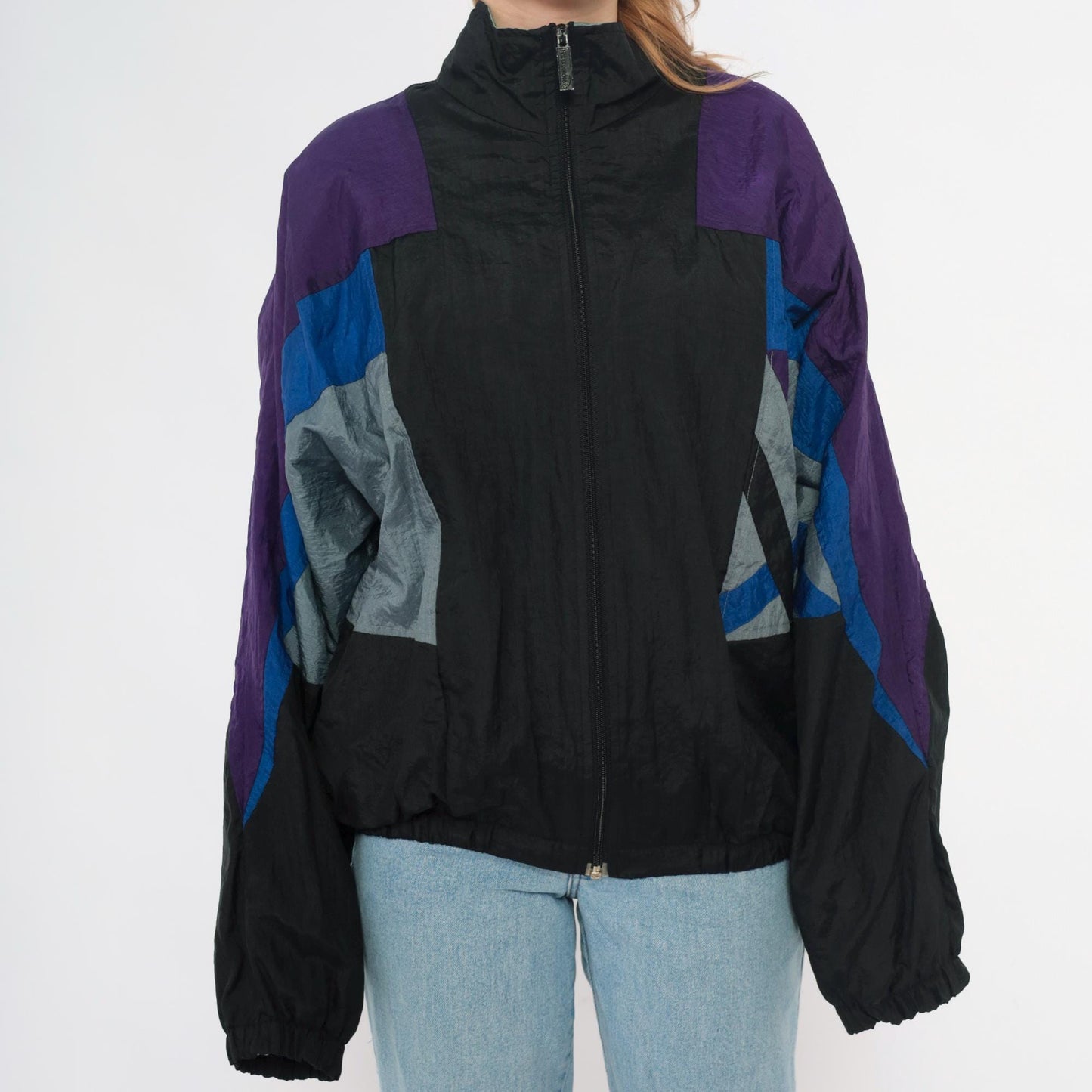 90s Colorblock Windbreaker Black Purple Blue Nylon Jacket Large L
