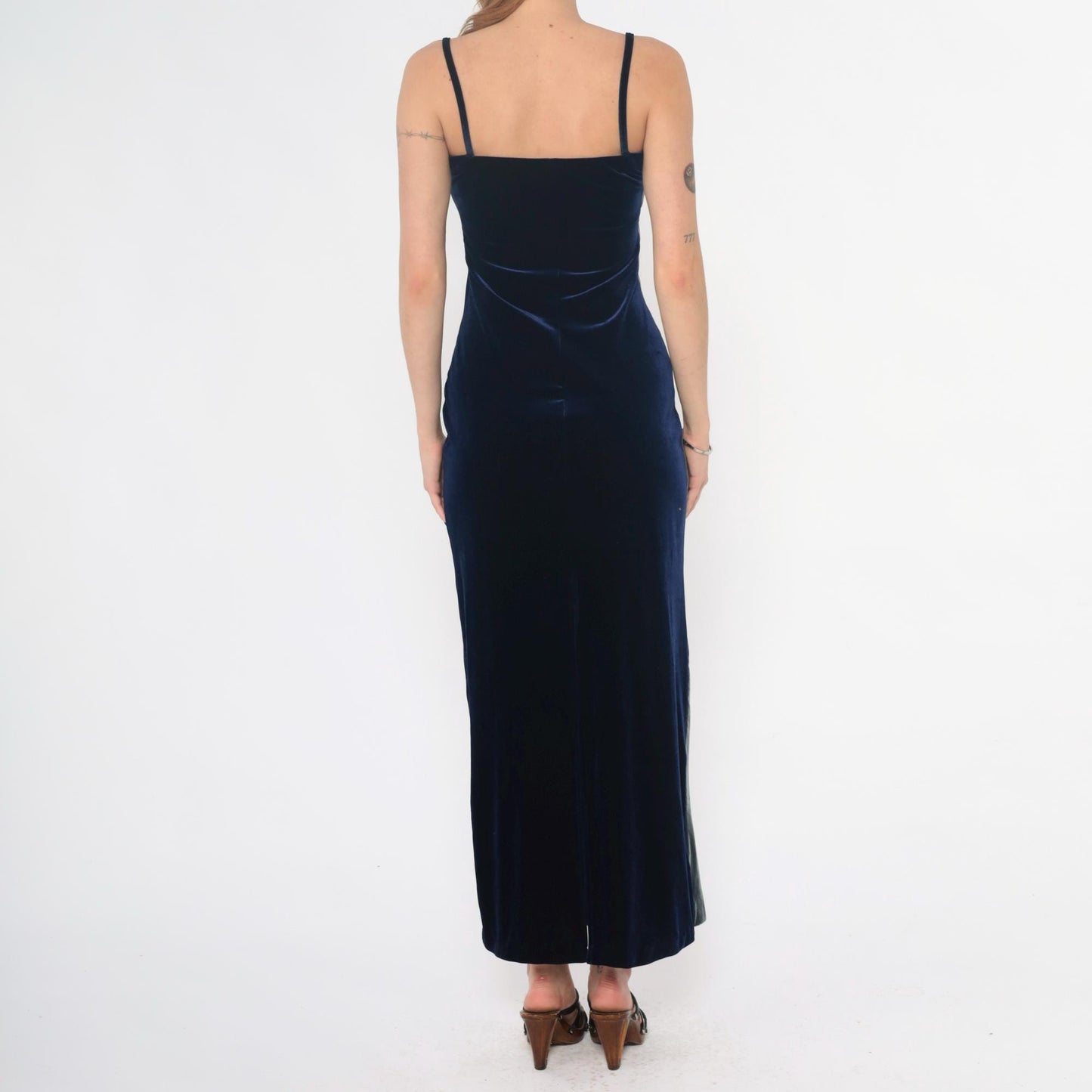 90s Navy Velvet Maxi Dress Spaghetti Strap Column Gold Hardware Medium M