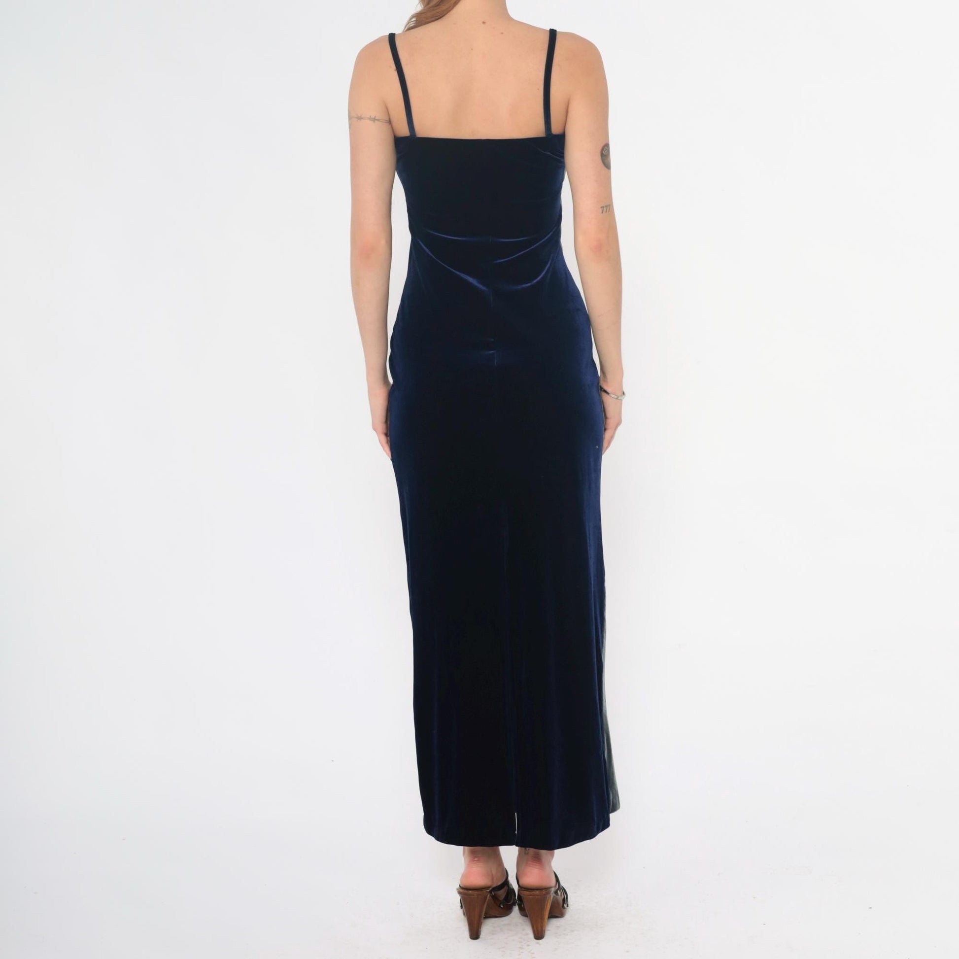 90s Navy Velvet Maxi Dress Spaghetti Strap Column Gold Hardware Medium M