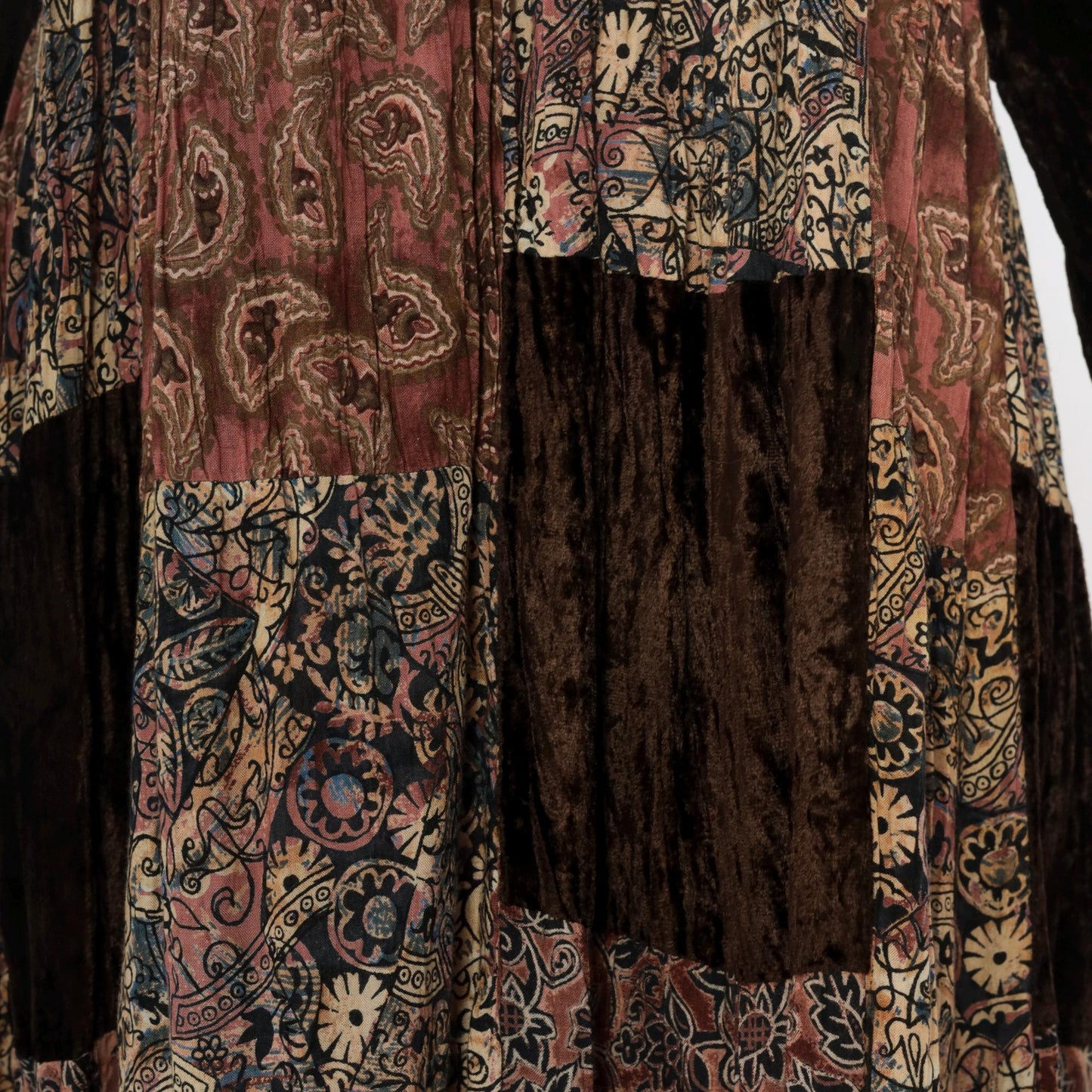 Y2K Bila Patchwork Velvet Maxi Dress Brown Paisley Rayon Small