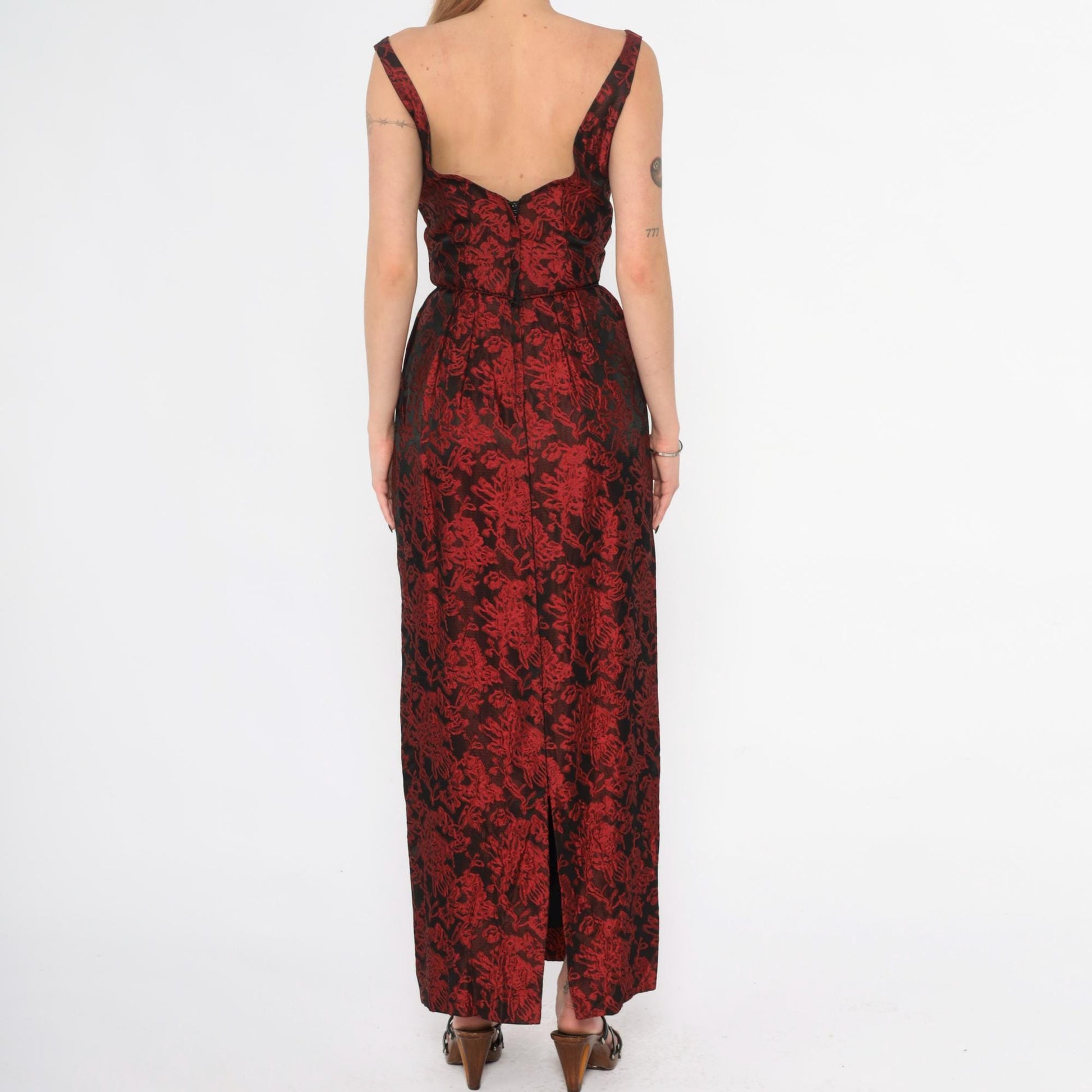 60s Red Black Brocade Empire Waist Evening Gown Floral Jacquard Sleeveless Extra Small