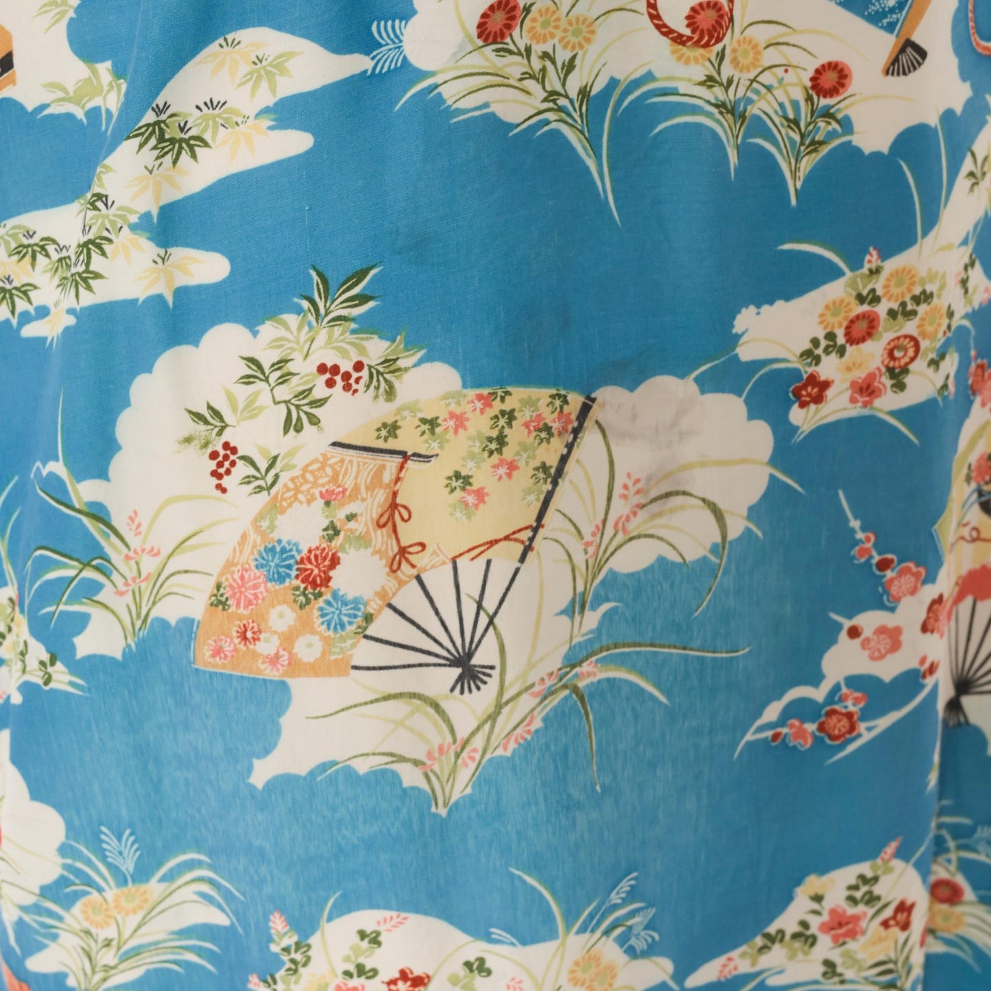 80s Japanese Fan Kimono Robe Blue Floral Maxi Cotton Wrap Large L
