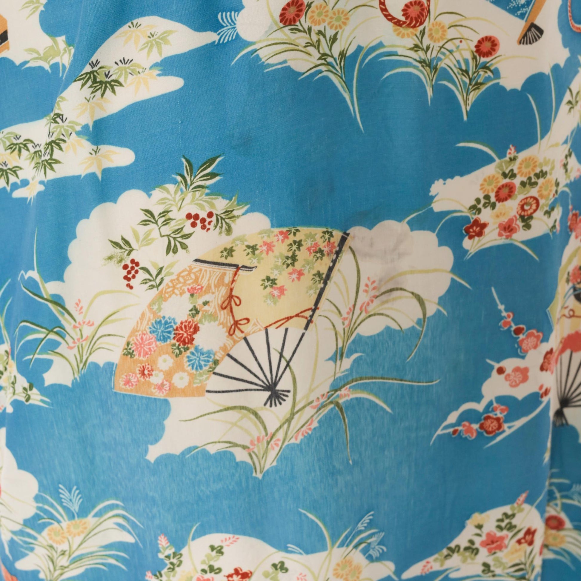 80s Japanese Fan Kimono Robe Blue Floral Maxi Cotton Wrap Large L