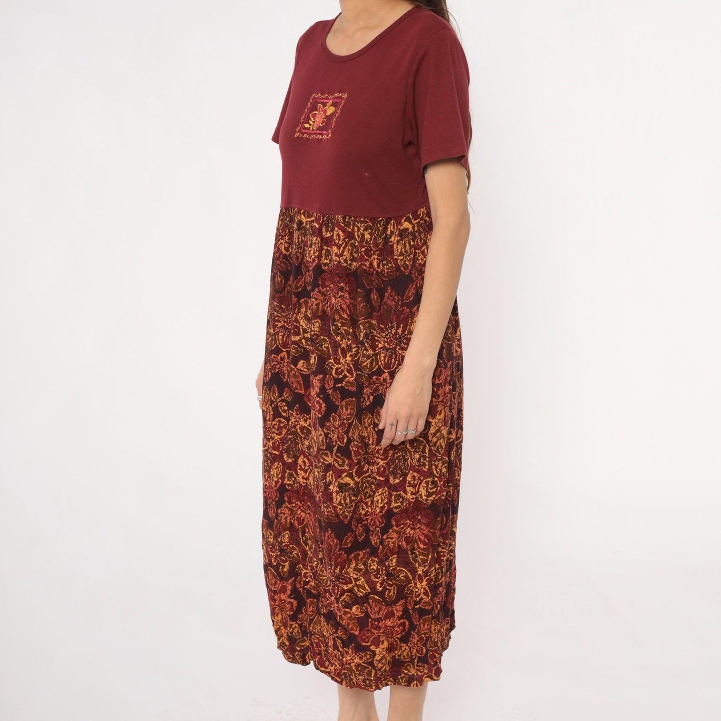 90s Burgundy Colorblock Floral Embroidered Midi Dress Rayon Medium M
