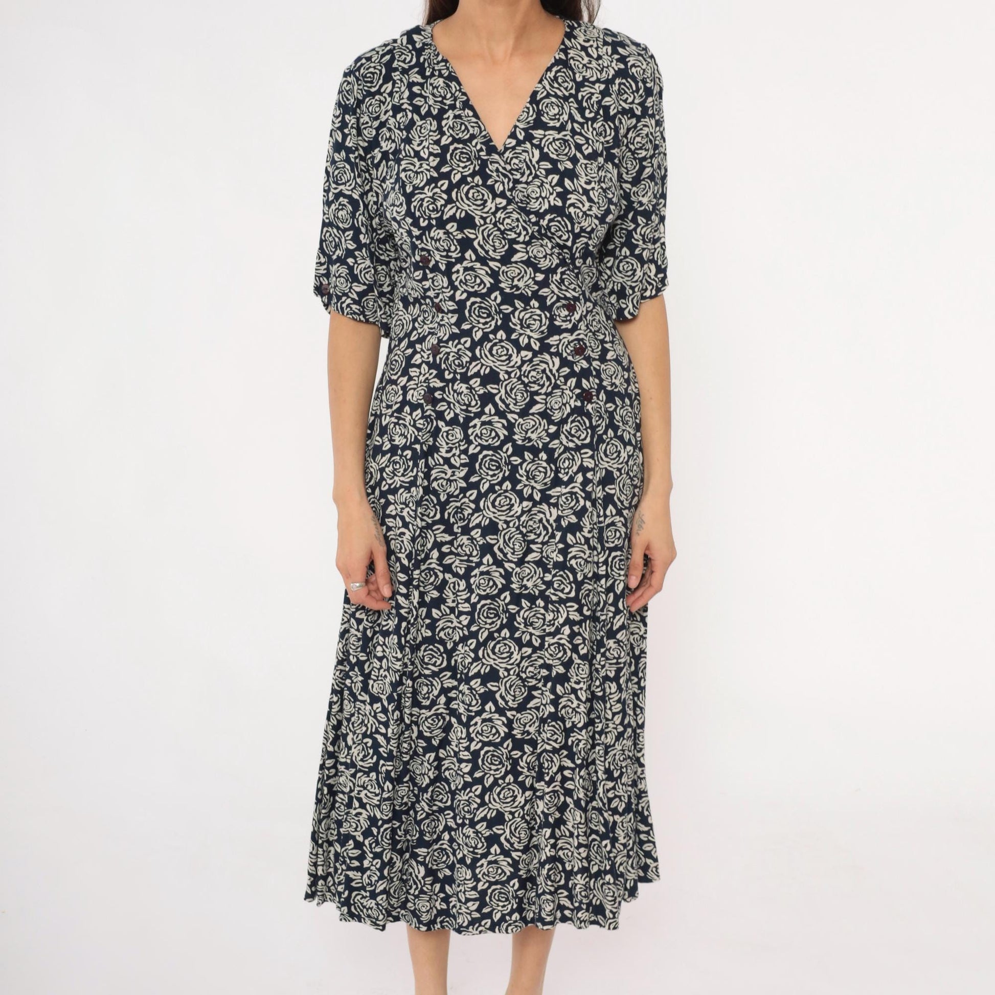 90s Floral Midi Dress Navy Cream Rose Print Wrap V-Neck Rayon Medium M