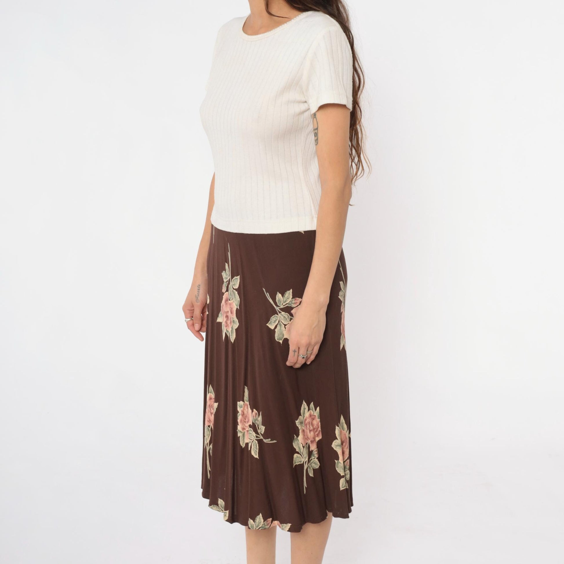 90s Cristina Colorblock Midi Dress Cream Ribbed Knit Brown Floral Medium