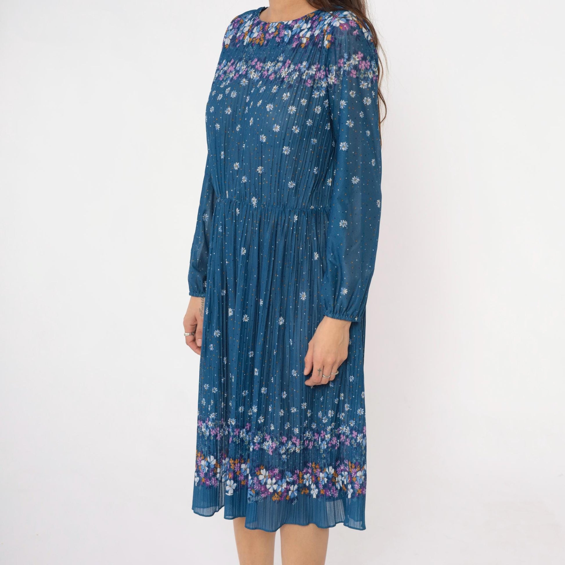 80s Malouf of Dallas Floral Midi Dress Blue Pleated Long Sleeve Medium