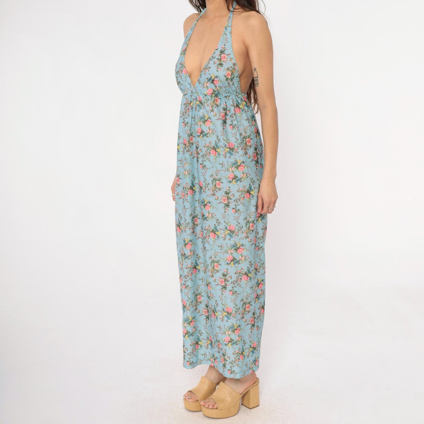 70s Light Blue Floral Maxi Halter Dress Empire Waist Pink Roses Small