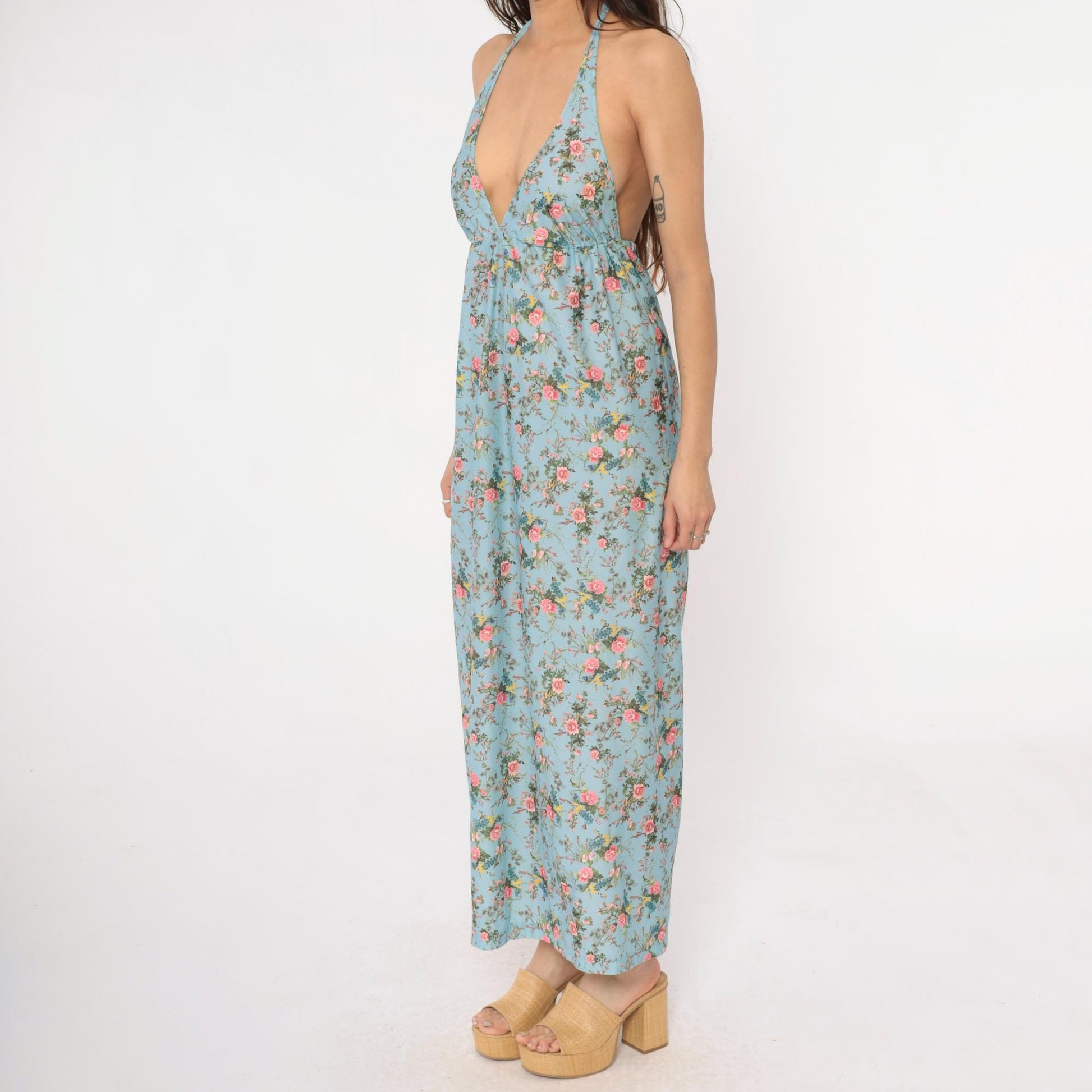 70s Light Blue Floral Maxi Halter Dress Empire Waist Pink Roses Small