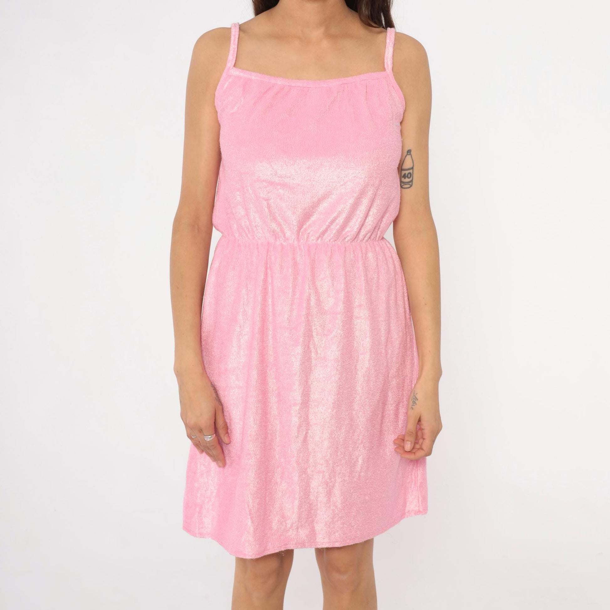 70s Pink Terrycloth Dress Metallic Spaghetti Strap A-Line Small Medium