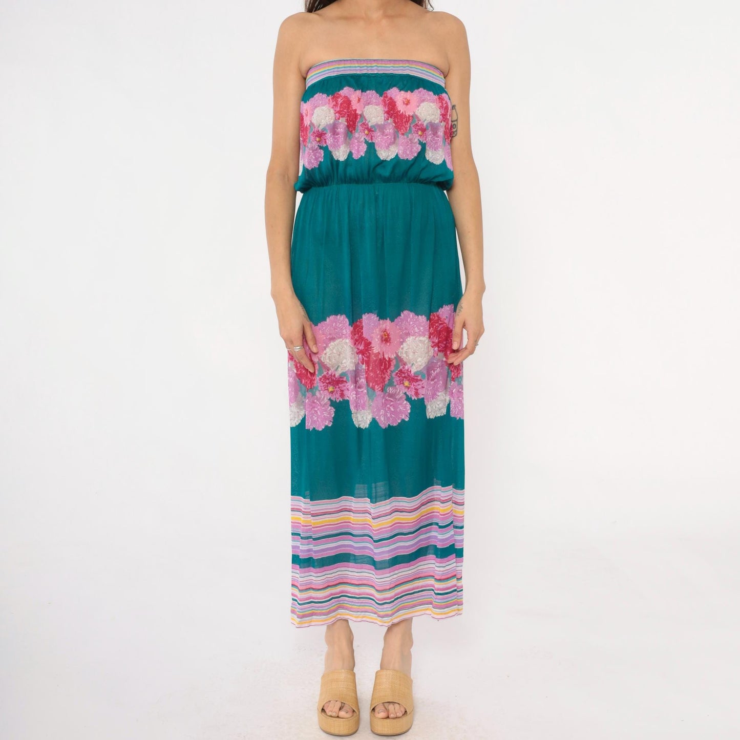 80s Teal Floral Strapless Maxi Dress Pink Purple Carnation Print Small S