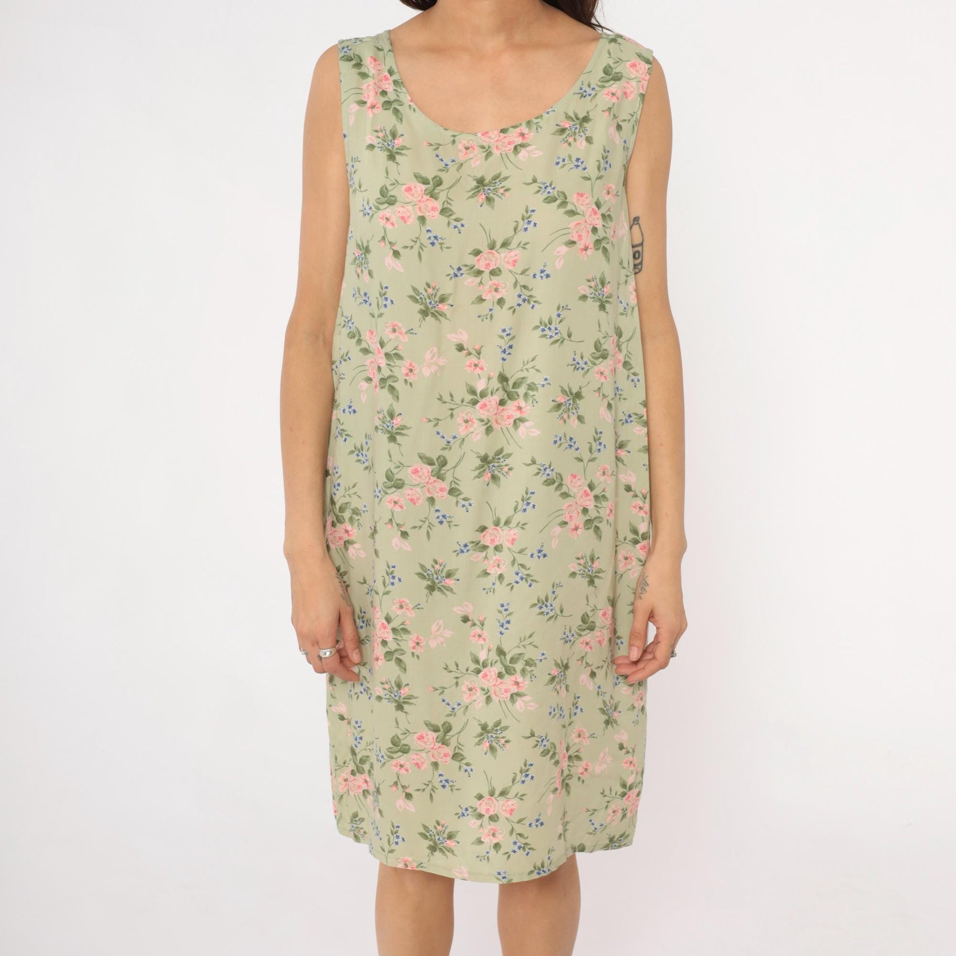 90s Lancaster Clothing Floral Shift Dress Sage Green Pink Roses Extra Large