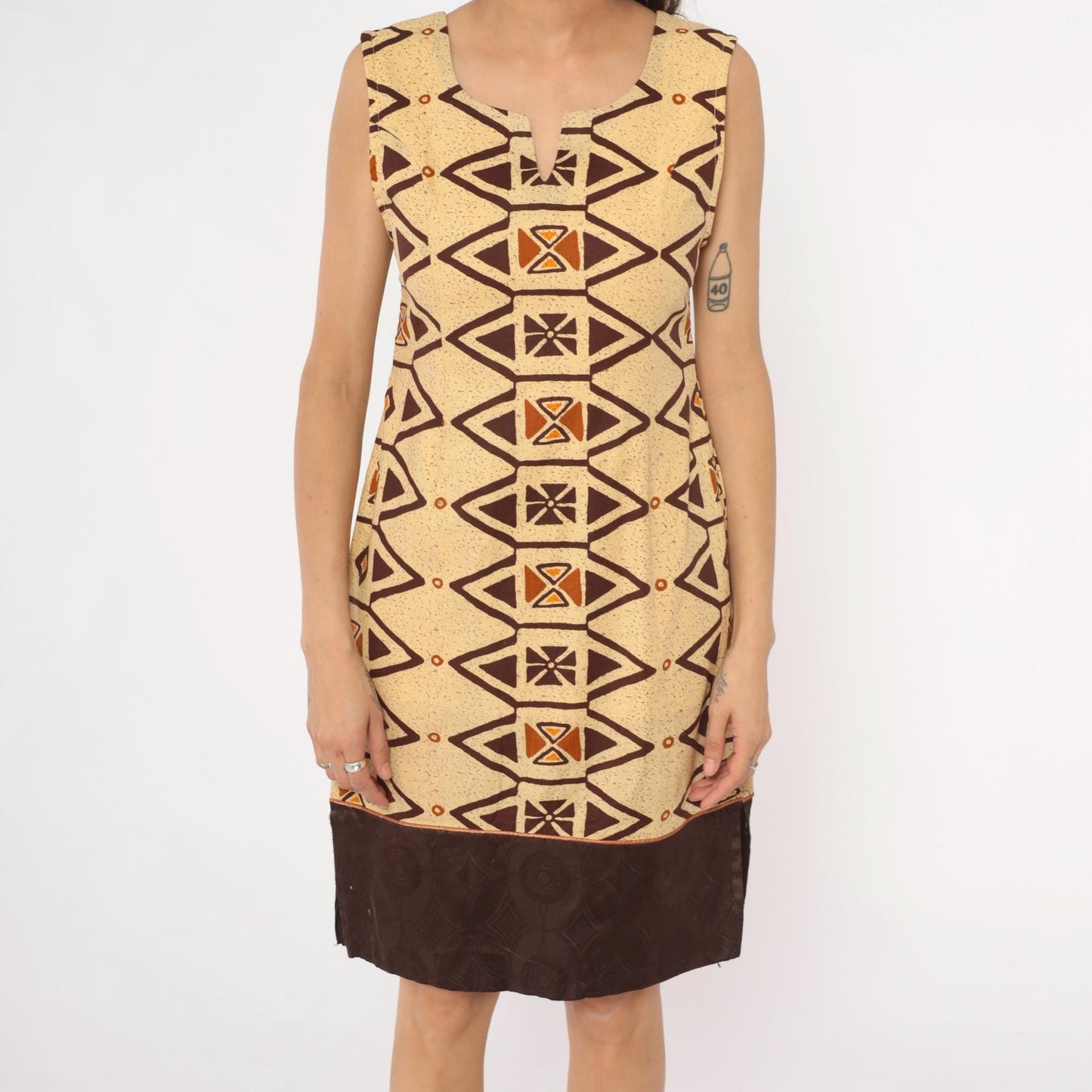 Y2K Southwestern Geometric Shift Dress Cream Brown Orange Tribal Print Extra Small XS