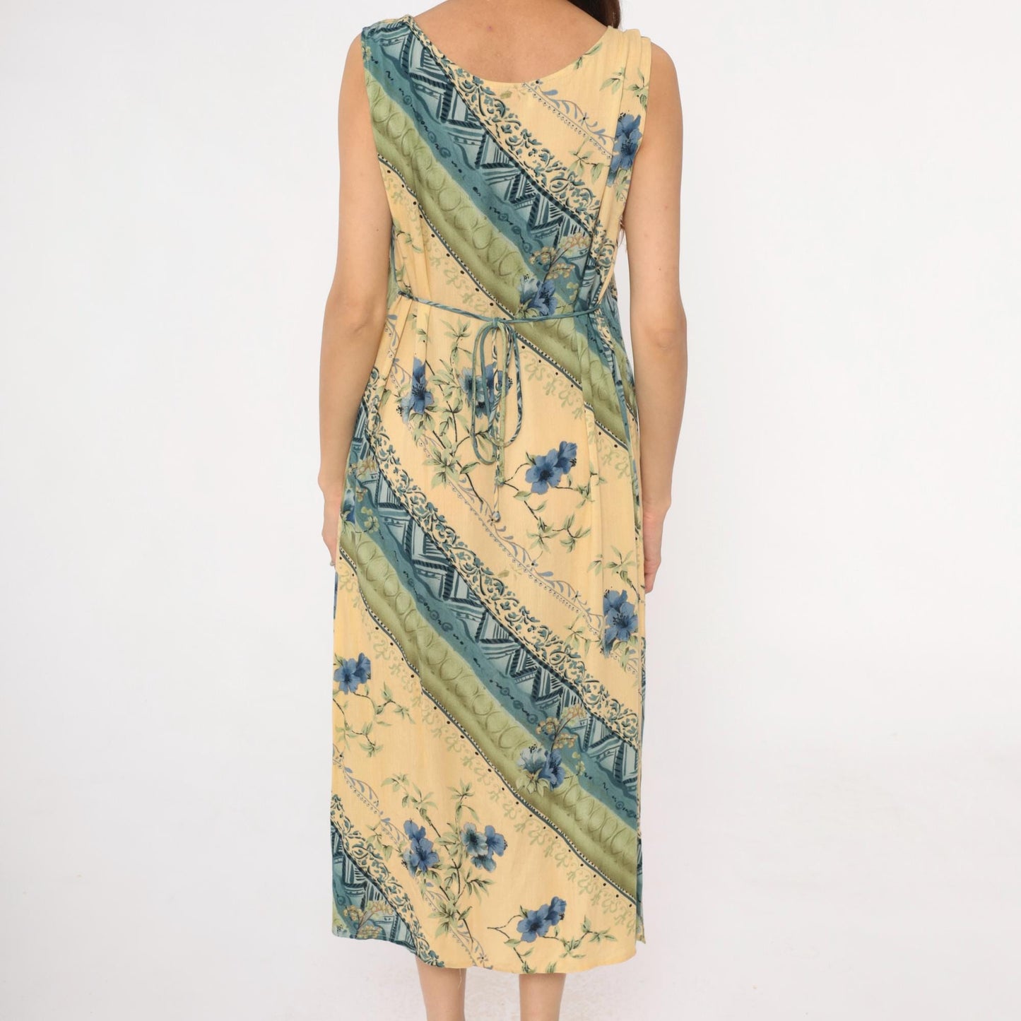 90s R&K Originals Yellow Floral Midi Dress Diagonal Stripe Tie Waist Medium M