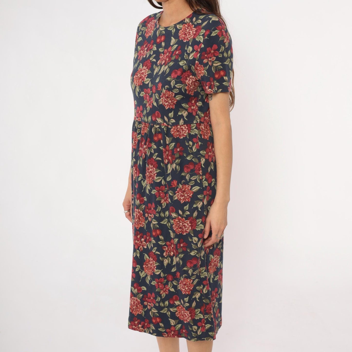 90s Talbots Floral Midi Dress Navy Dahlia Cotton Small