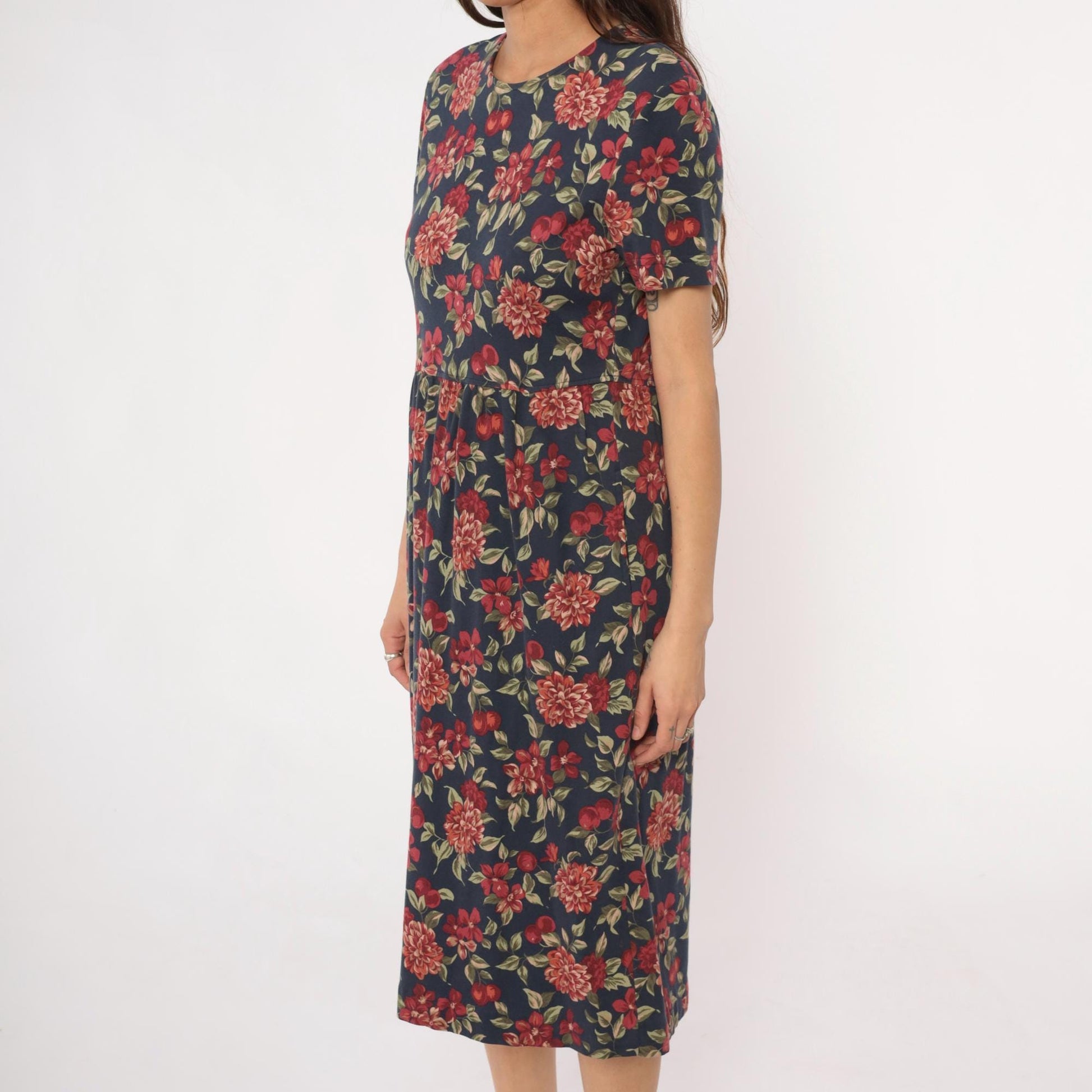 90s Talbots Floral Midi Dress Navy Dahlia Cotton Small