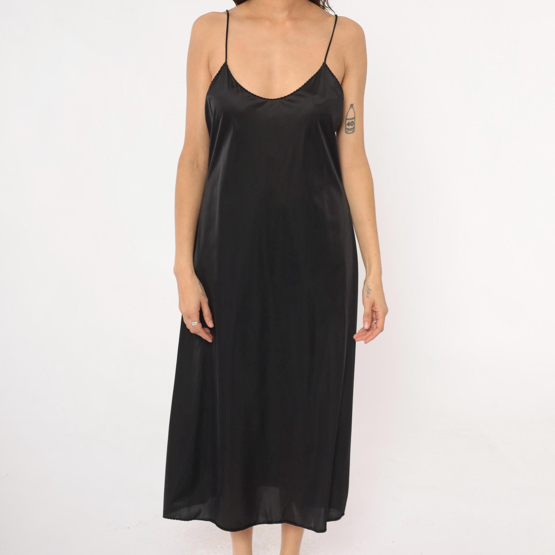 90s Vanity Fair Black Slip Dress Spaghetti Strap Lace Trim Midi Medium