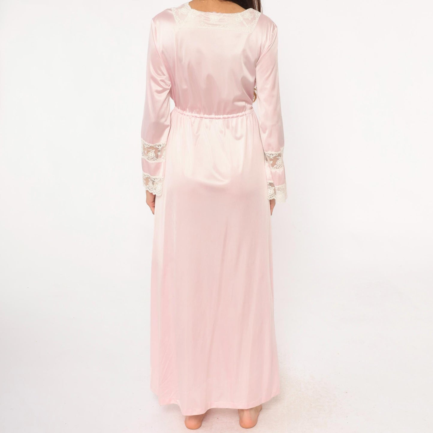 90s Pink Lace Wrap Robe Maxi Long Sleeve Tie Waist Nightgown Medium
