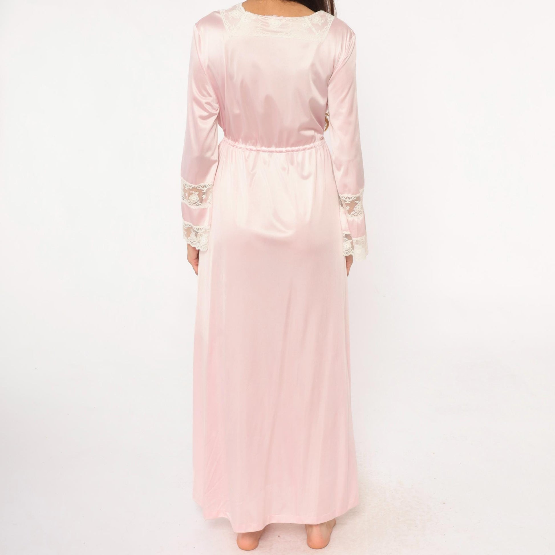 90s Pink Lace Wrap Robe Maxi Long Sleeve Tie Waist Nightgown Medium