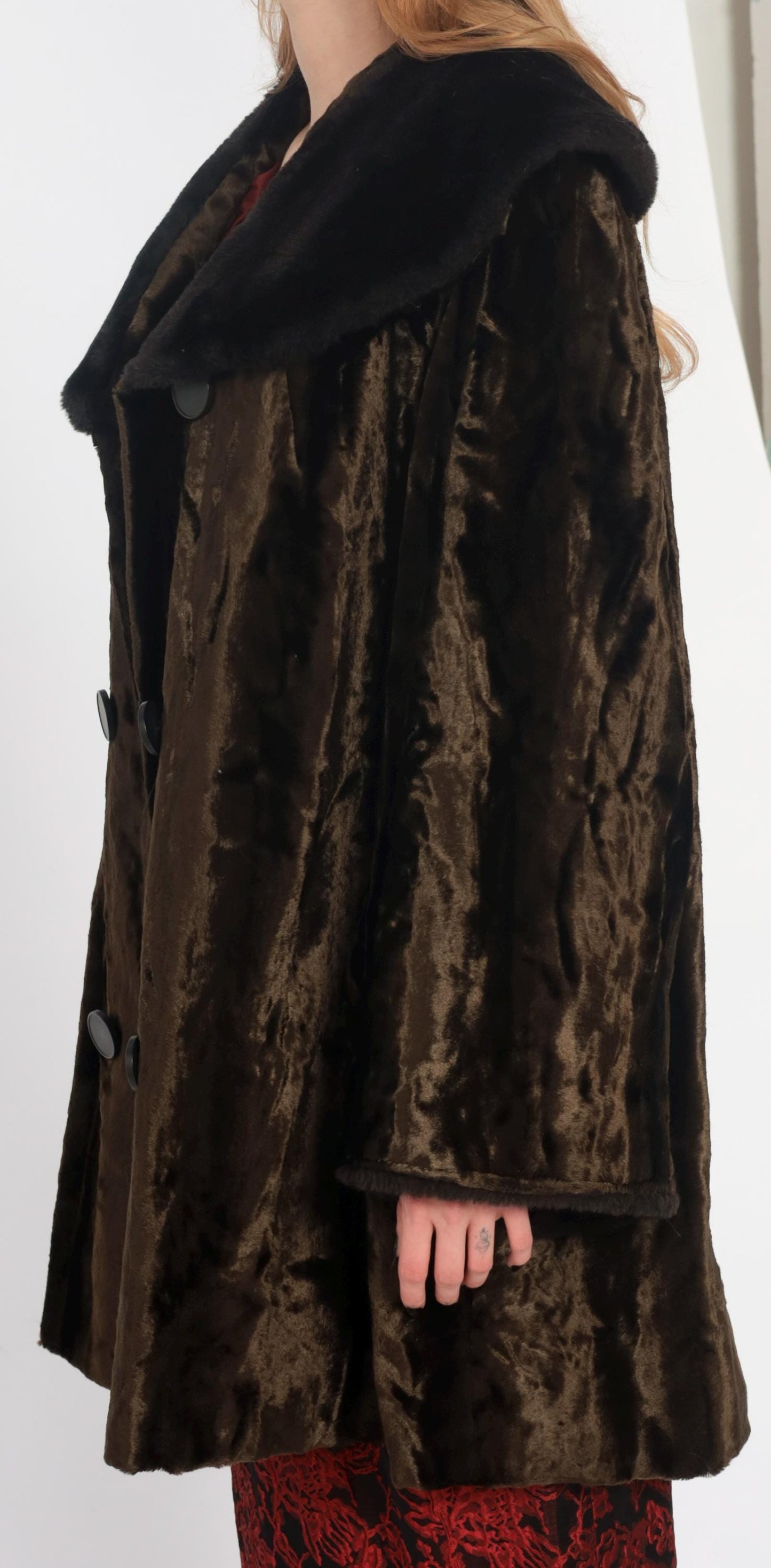 70s Brown Crushed Velvet Coat Black Faux Fur Collar Button Front Extra Large XXL
