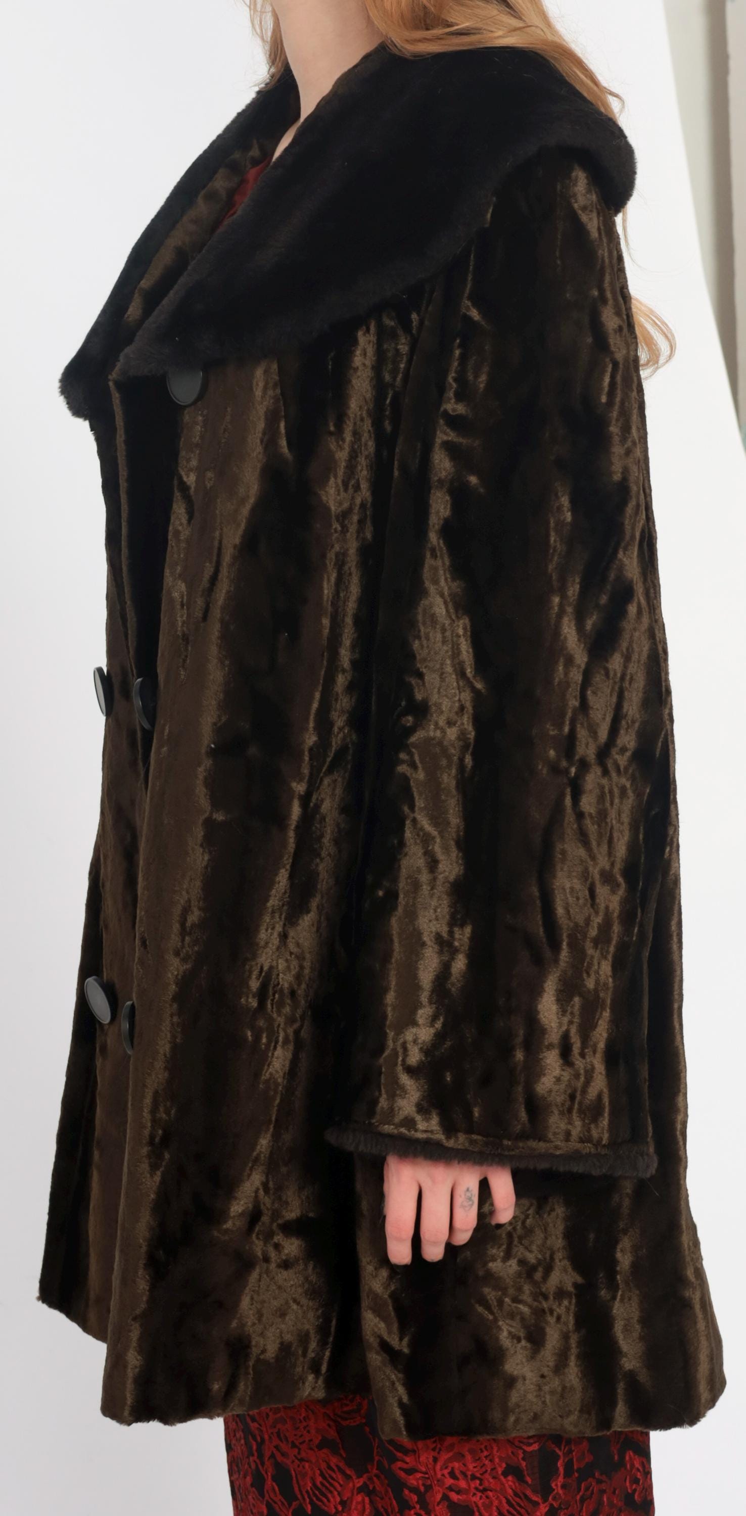 70s Brown Crushed Velvet Coat Black Faux Fur Collar Button Front Extra Large XXL