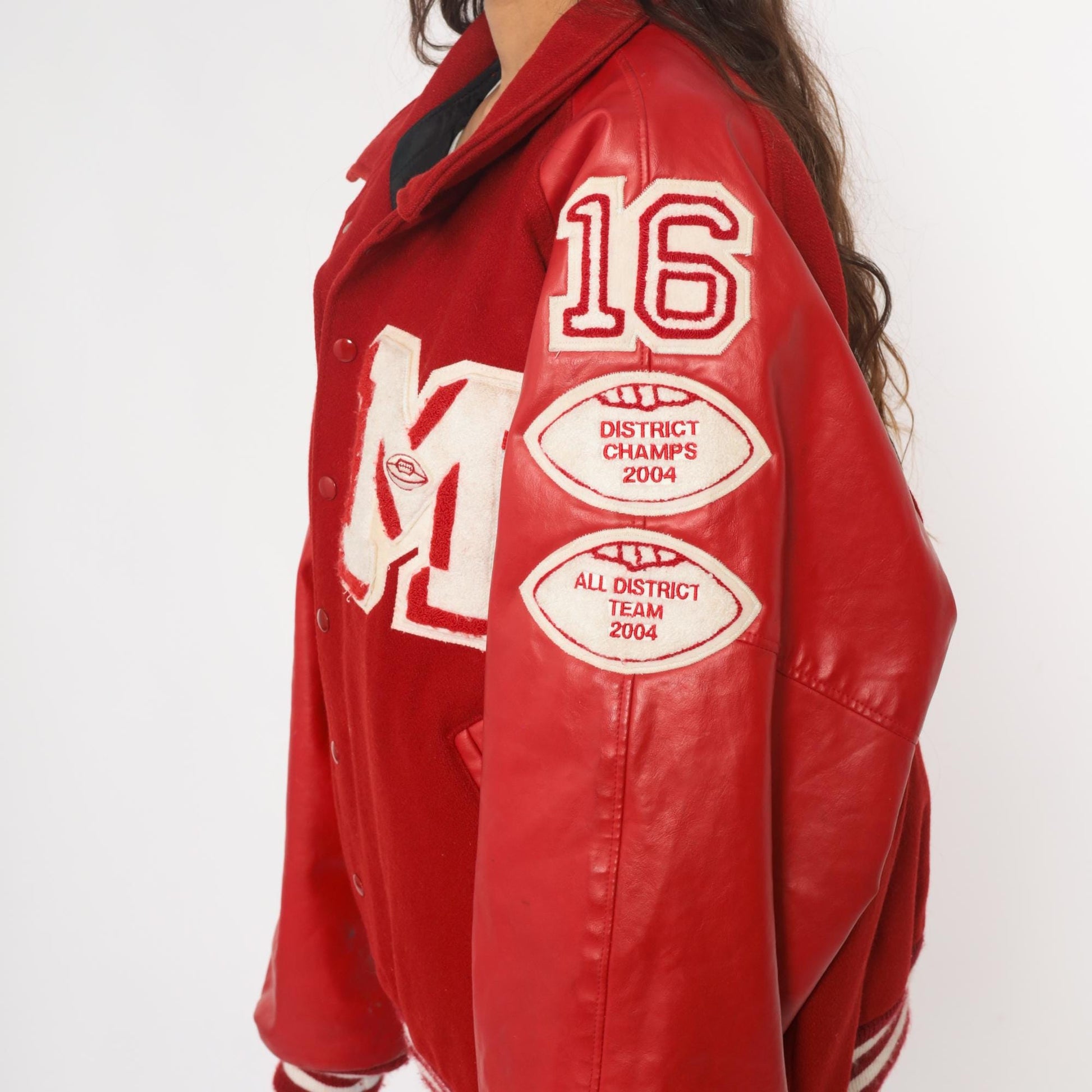 Y2K Neff Red Wool Varsity Jacket Leather Sleeves Football Patches XXL