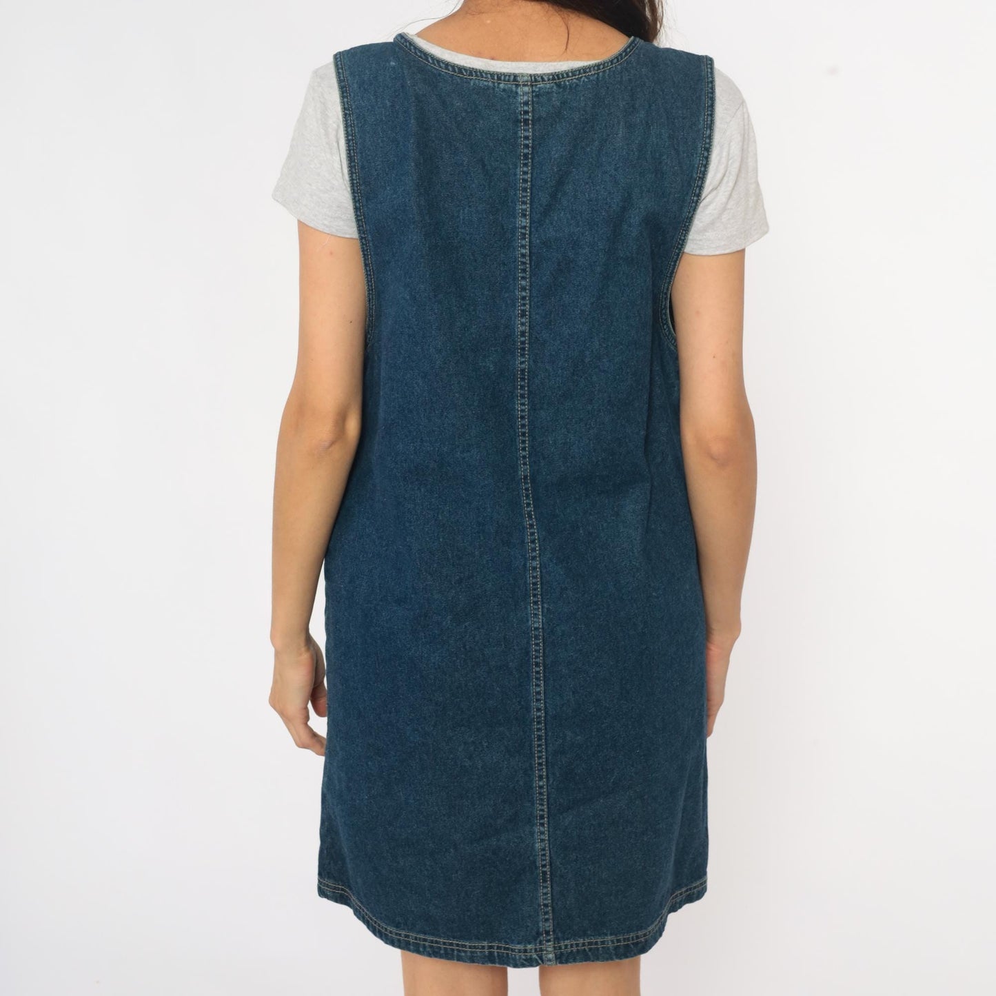 90s Floral Embroidered Denim Jumper Dress Blue Jean Pinafore Medium M